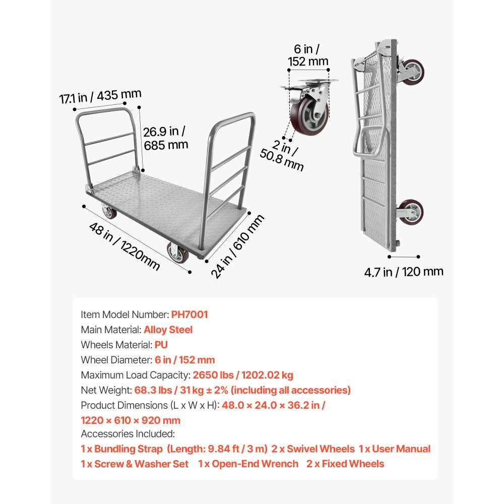 VEVOR Platform Truck, 2650 lbs Capacity, Heavy Duty Flatbed Cart Dolly with Detachable Guardrail and Swivel Wheels, Foldable Hand Push Truck Cart, for Groceries, Garage, Warehouse, 48 x 24 x 36.2 in