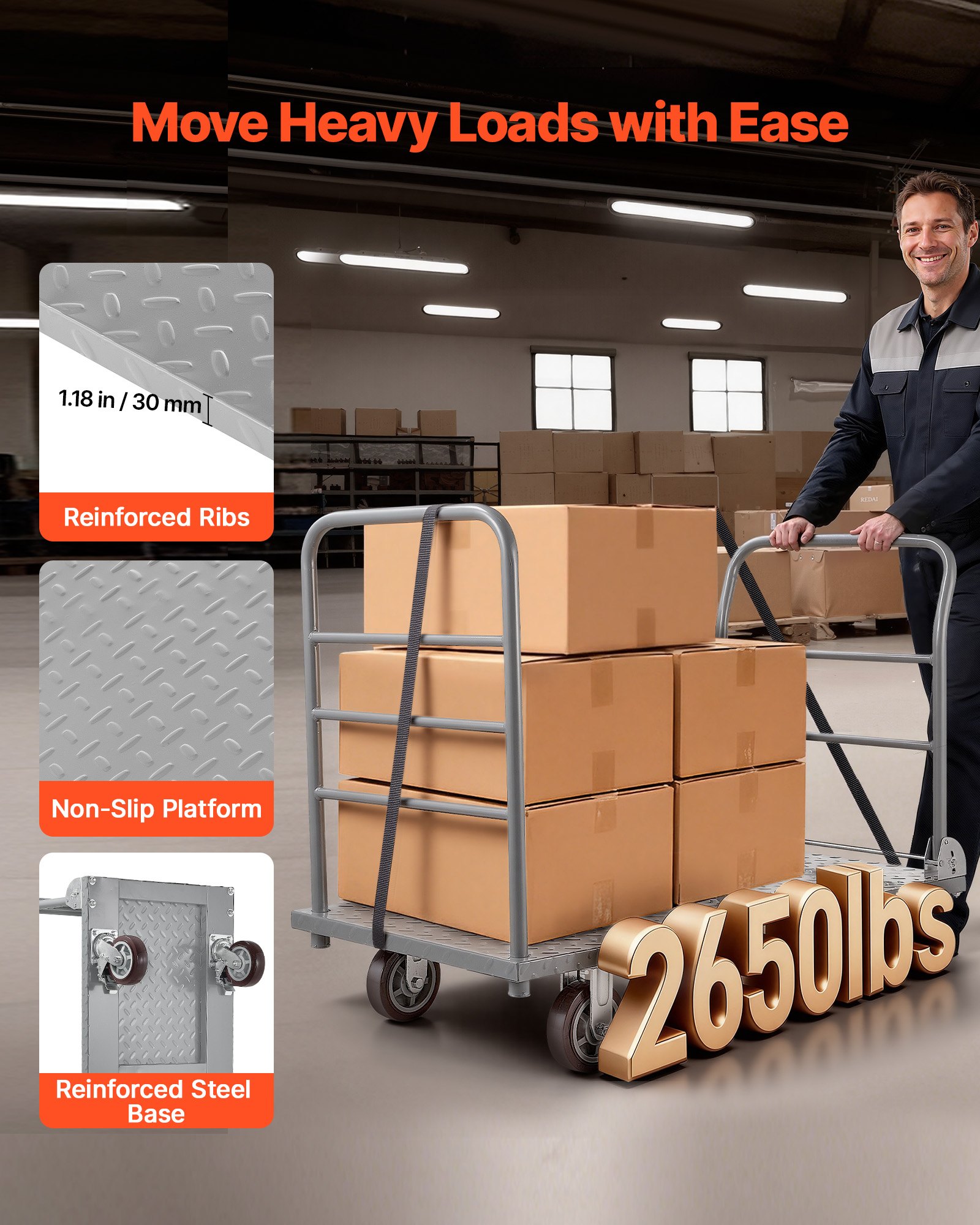 VEVOR Platform Truck, 2650 lbs Capacity, Heavy Duty Flatbed Cart Dolly with Detachable Guardrail and Swivel Wheels, Foldable Hand Push Truck Cart, for Groceries, Garage, Warehouse, 48 x 24 x 36.2 in