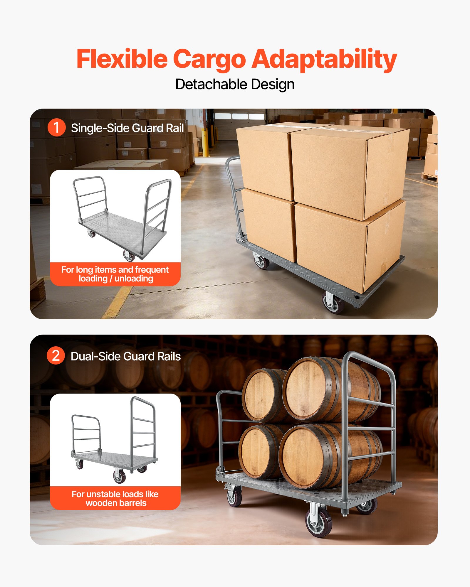 VEVOR Platform Truck, 2650 lbs Capacity, Heavy Duty Flatbed Cart Dolly with Detachable Guardrail and Swivel Wheels, Foldable Hand Push Truck Cart, for Groceries, Garage, Warehouse, 48 x 24 x 36.2 in