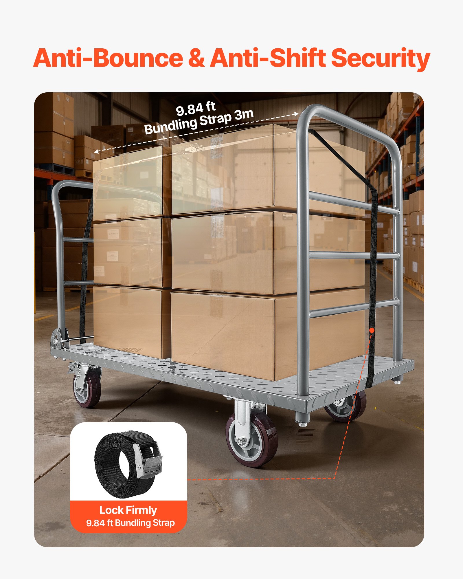 VEVOR Platform Truck, 2650 lbs Capacity, Heavy Duty Flatbed Cart Dolly with Detachable Guardrail and Swivel Wheels, Foldable Hand Push Truck Cart, for Groceries, Garage, Warehouse, 48 x 24 x 36.2 in