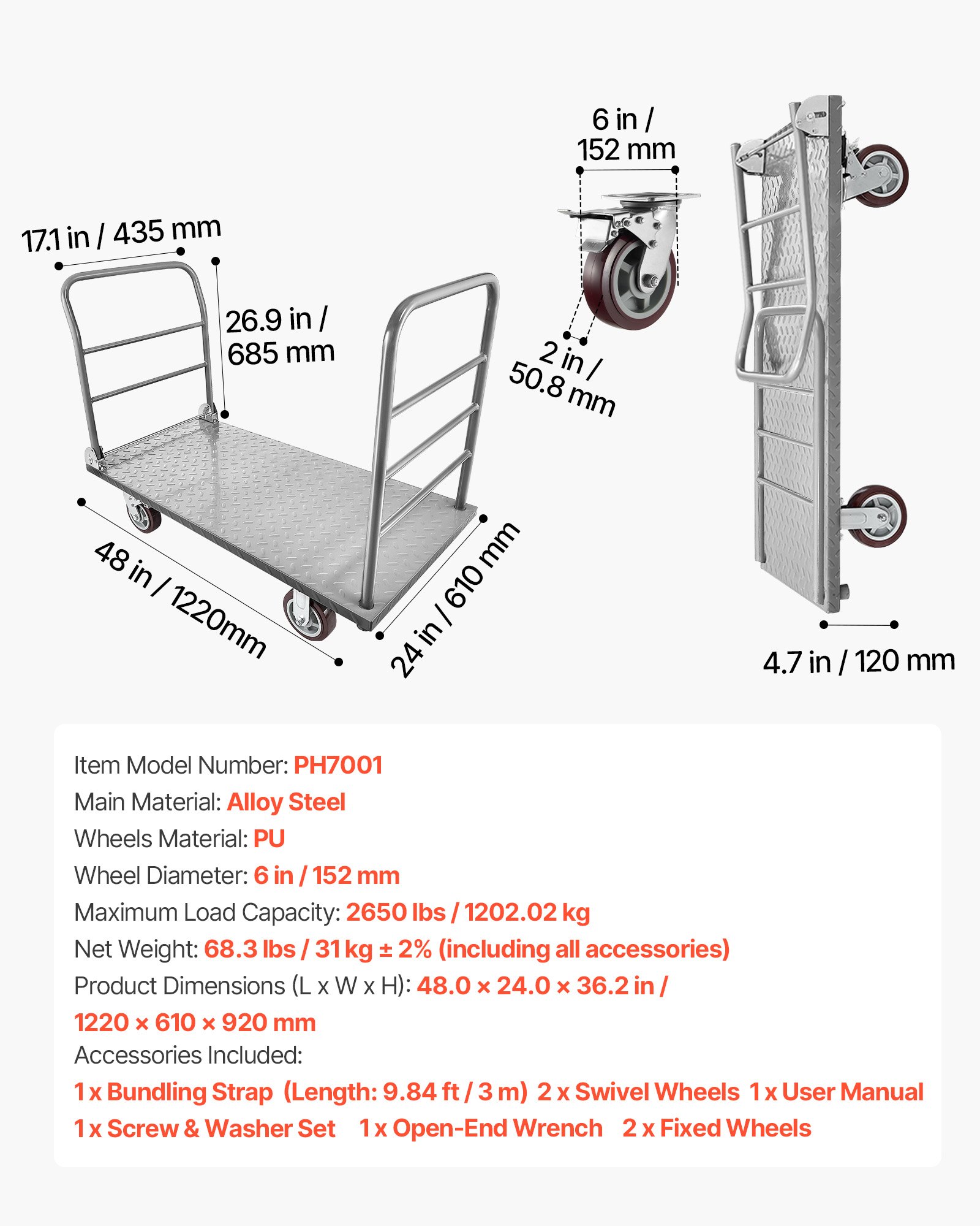 VEVOR Platform Truck, 2650 lbs Capacity, Heavy Duty Flatbed Cart Dolly with Detachable Guardrail and Swivel Wheels, Foldable Hand Push Truck Cart, for Groceries, Garage, Warehouse, 48 x 24 x 36.2 in