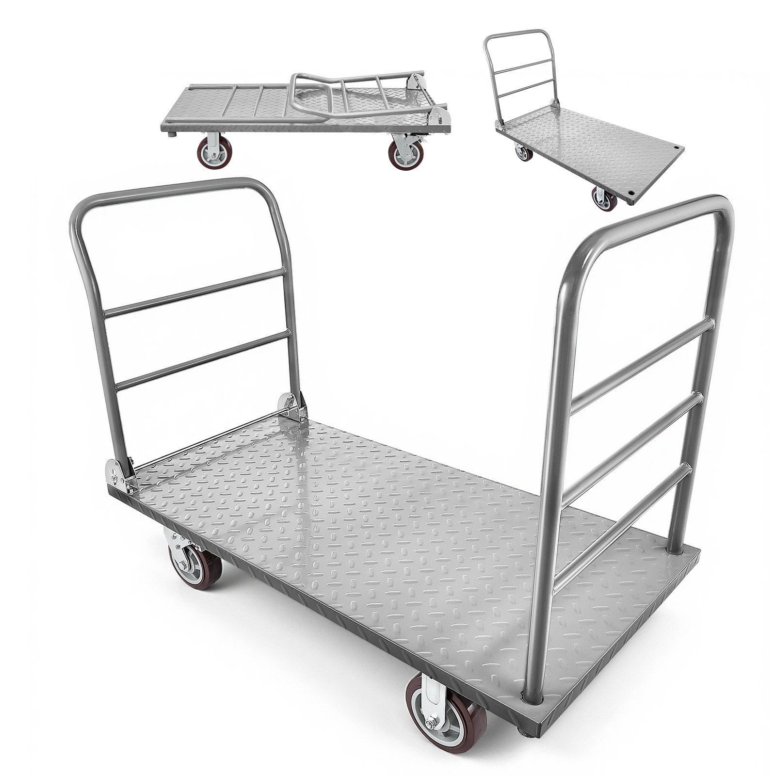 VEVOR Platform Truck, 2650 lbs Capacity, Heavy Duty Flatbed Cart Dolly with Detachable Guardrail and Swivel Wheels, Foldable Hand Push Truck Cart, for Groceries, Garage, Warehouse, 48 x 24 x 36.2 in