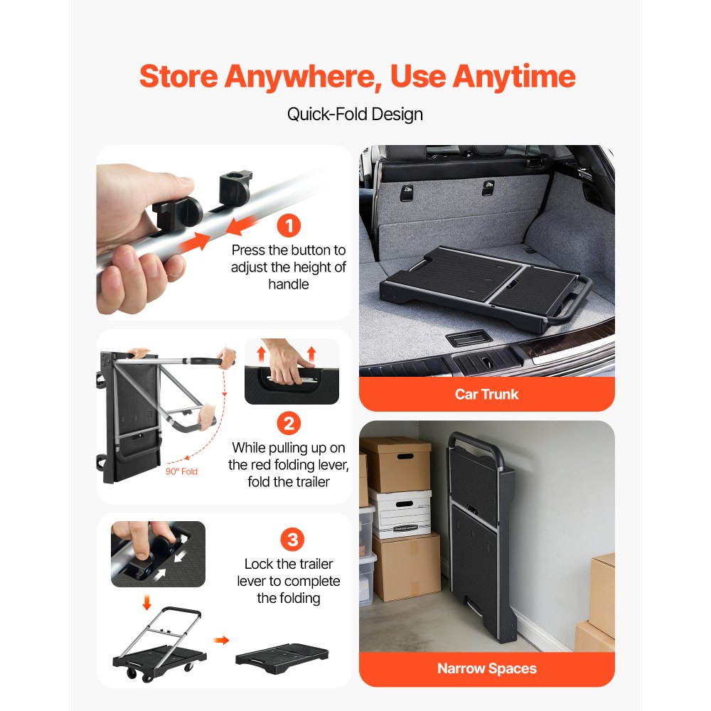 VEVOR Foldable Push Cart Dolly, 149.69 kg Capacity, Folding Platform Truck with Swivel Wheels, Moving Platform Hand Truck Flatbed Cart, Adjustable Push Handle, for Easy Storage, 680 x 495 x 115 mm