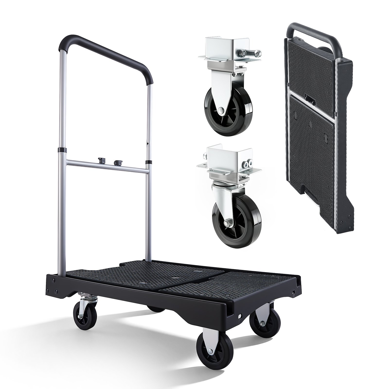 VEVOR Foldable Push Cart Dolly, 149.69 kg Capacity, Folding Platform Truck with Swivel Wheels, Moving Platform Hand Truck Flatbed Cart, Adjustable Push Handle, for Easy Storage, 680 x 495 x 115 mm