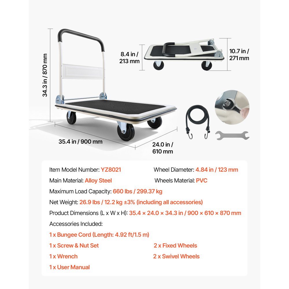 VEVOR Foldable Push Cart Dolly, 299.37 kg Capacity, Folding Platform Truck with Swivel Wheels, Moving Platform Hand Truck Flatbed Cart, Space Saving Push Handle, for Easy Storage, 900 x 870 x 610 mm