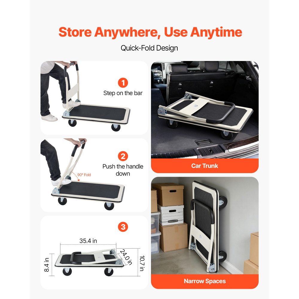 VEVOR Foldable Push Cart Dolly, 660 lbs Load Capacity, Folding Platform Truck with Swivel Wheels, Moving Platform Hand Truck Flatbed Cart, Space Saving Push Handle, for Easy Storage, 35.4 x 34.3 x 24 in