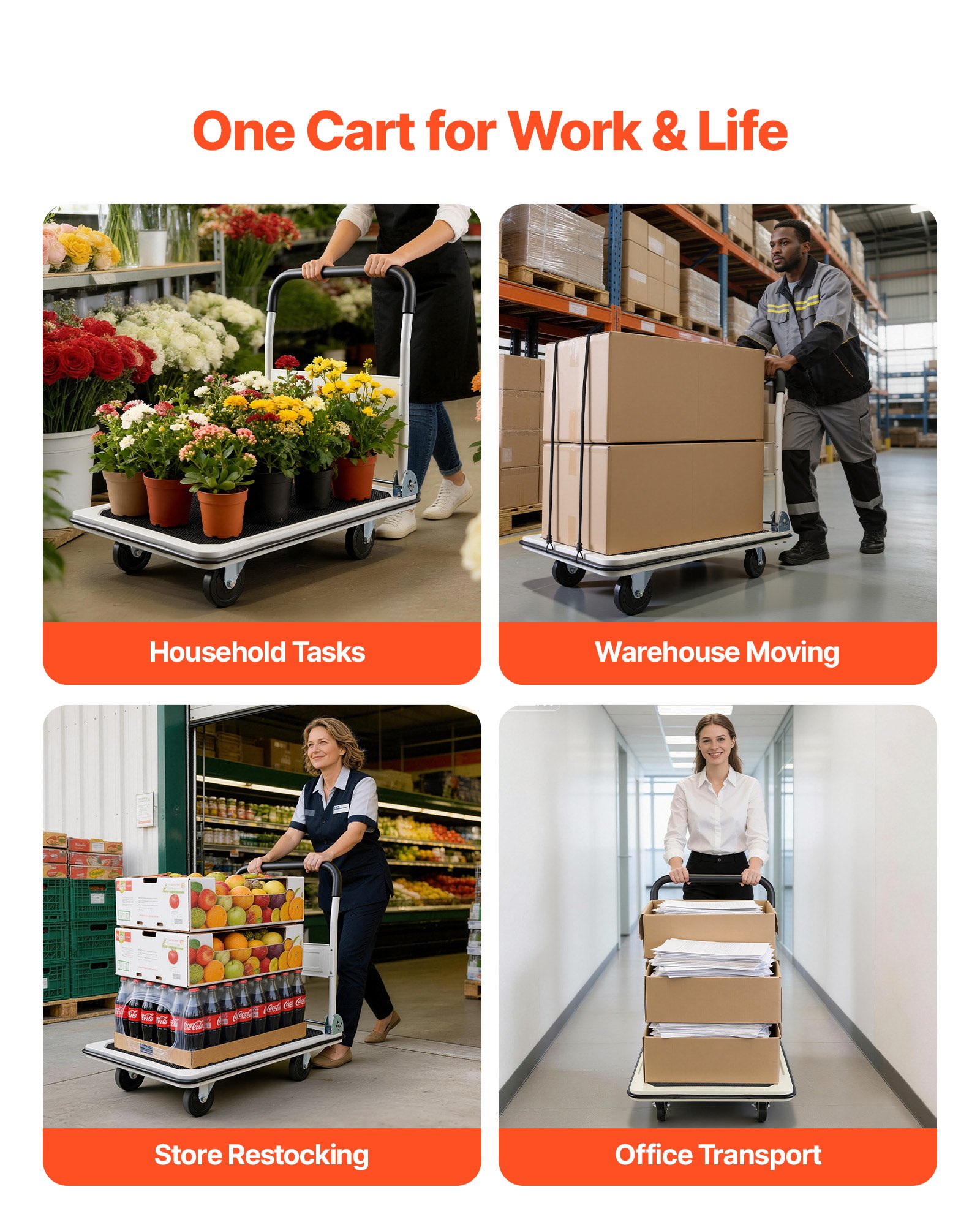 VEVOR Foldable Push Cart Dolly, 299.37 kg Capacity, Folding Platform Truck with Swivel Wheels, Moving Platform Hand Truck Flatbed Cart, Space Saving Push Handle, for Easy Storage, 900 x 870 x 610 mm