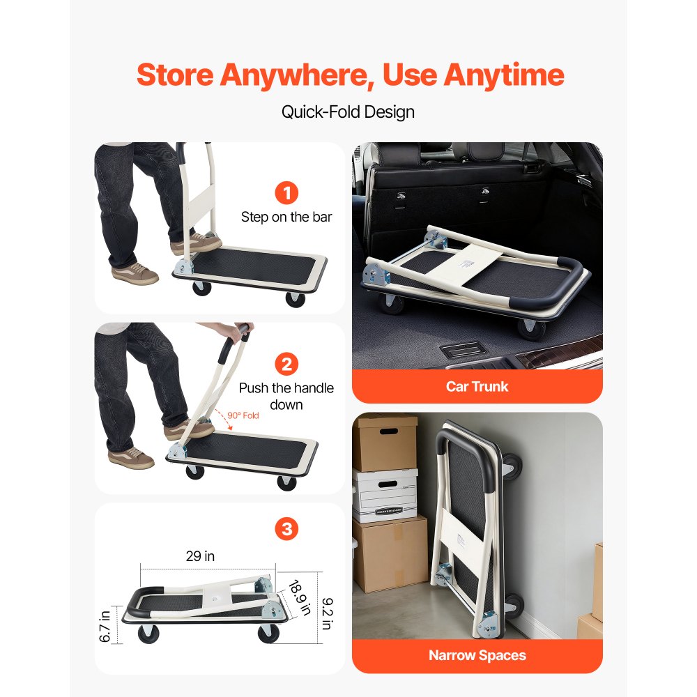 VEVOR Foldable Push Cart Dolly, 149.69 kg Capacity, Folding Platform Truck with Swivel Wheels, Moving Platform Hand Truck Flatbed Cart, Space Saving Push Handle, for Easy Storage, 735 x 480 x 825 mm