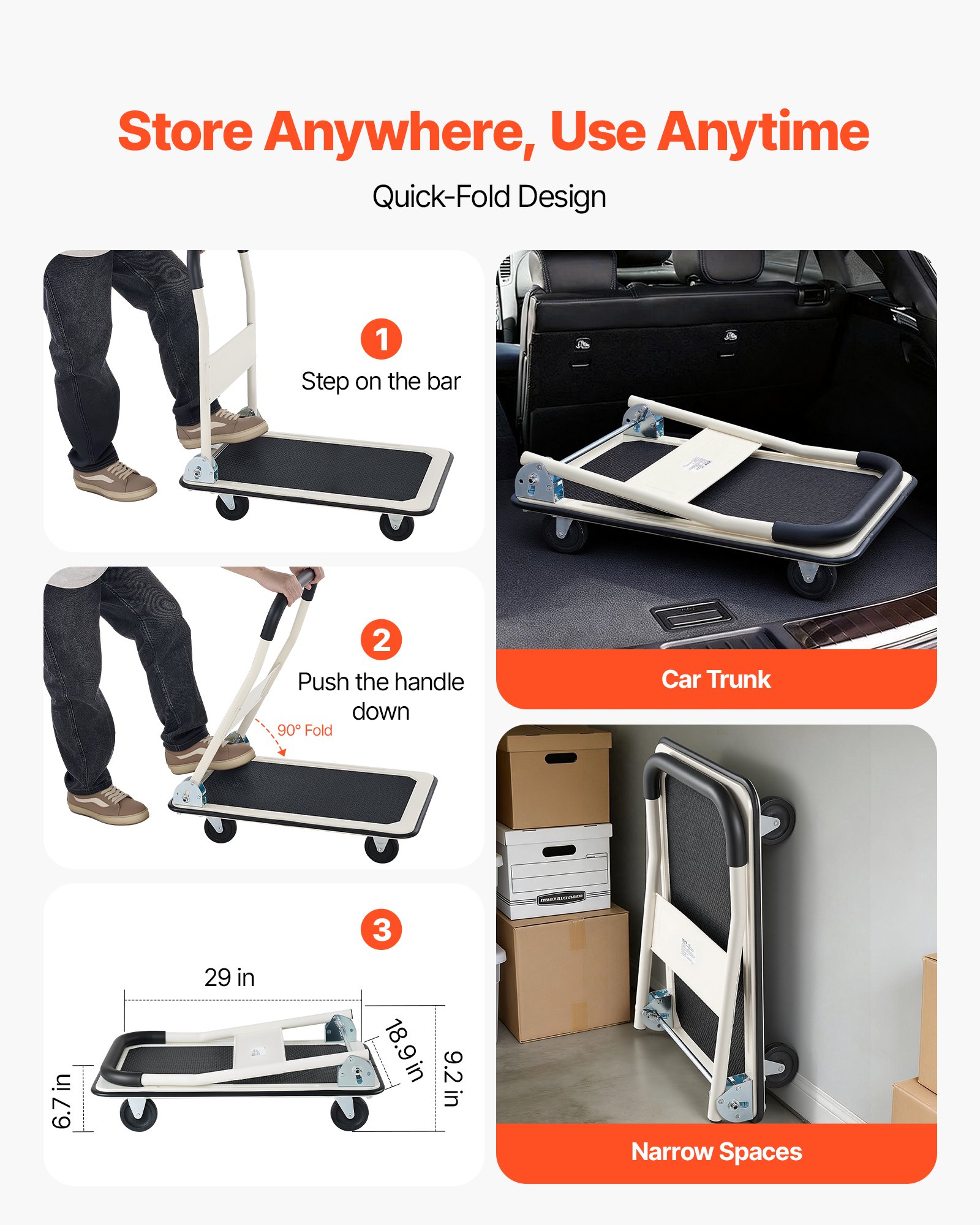VEVOR Foldable Push Cart Dolly, 330 lbs Load Capacity, Folding Platform Truck with Swivel Wheels, Moving Platform Hand Truck Flatbed Cart, Space Saving Push Handle, for Easy Storage, 29 x 18.9 x 32.5 in
