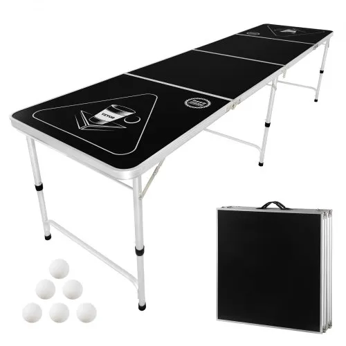 VEVOR 8 Foot Portable Beer Pong Table, Foldable Tailgate Table,Carrying Handles and 6 Pong Balls, Adjustable Height, Lightweight Table for Office, Tailgate Party, Travel and Camping, Black