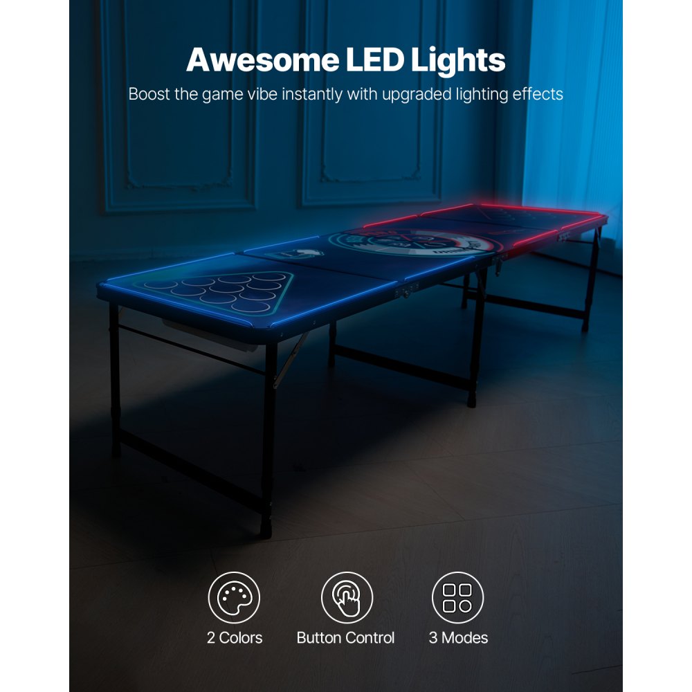 VEVOR 8 Foot Portable Beer Pong Table, LED Lights, Foldable Tailgate Table with Carrying Handles and 6 Pong Balls, Adjustable Height, Lightweight Table for Office, Tailgate Party, Travel & Camping