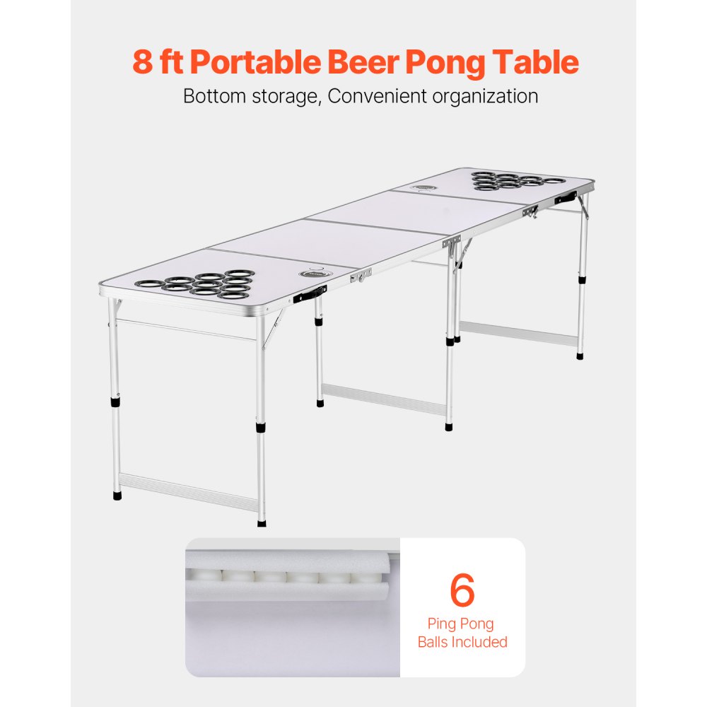 VEVOR 8 Foot Portable Beer Pong Table, Folding Tailgate Table, Cup Holes, Dry Erase Markers and Carrying Handles, Adjustable Height, Lightweight Table for Office, Tailgate Party & Camping, White