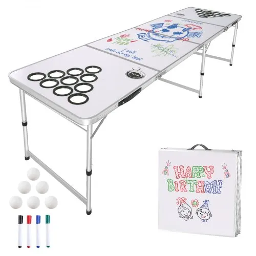 VEVOR 8 Foot Portable Beer Pong Table, Folding Tailgate Table, Cup Holes, Dry Erase Markers and Carrying Handles, Adjustable Height, Lightweight Table for Office, Tailgate Party & Camping, White