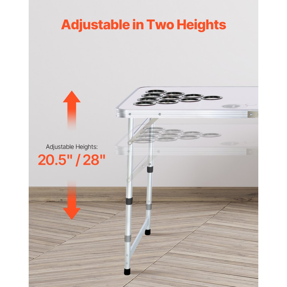 VEVOR 8 Foot Portable Beer Pong Table, Folding Tailgate Table, Cup Holes, Dry Erase Markers and Carrying Handles, Adjustable Height, Lightweight Table for Office, Tailgate Party & Camping, White