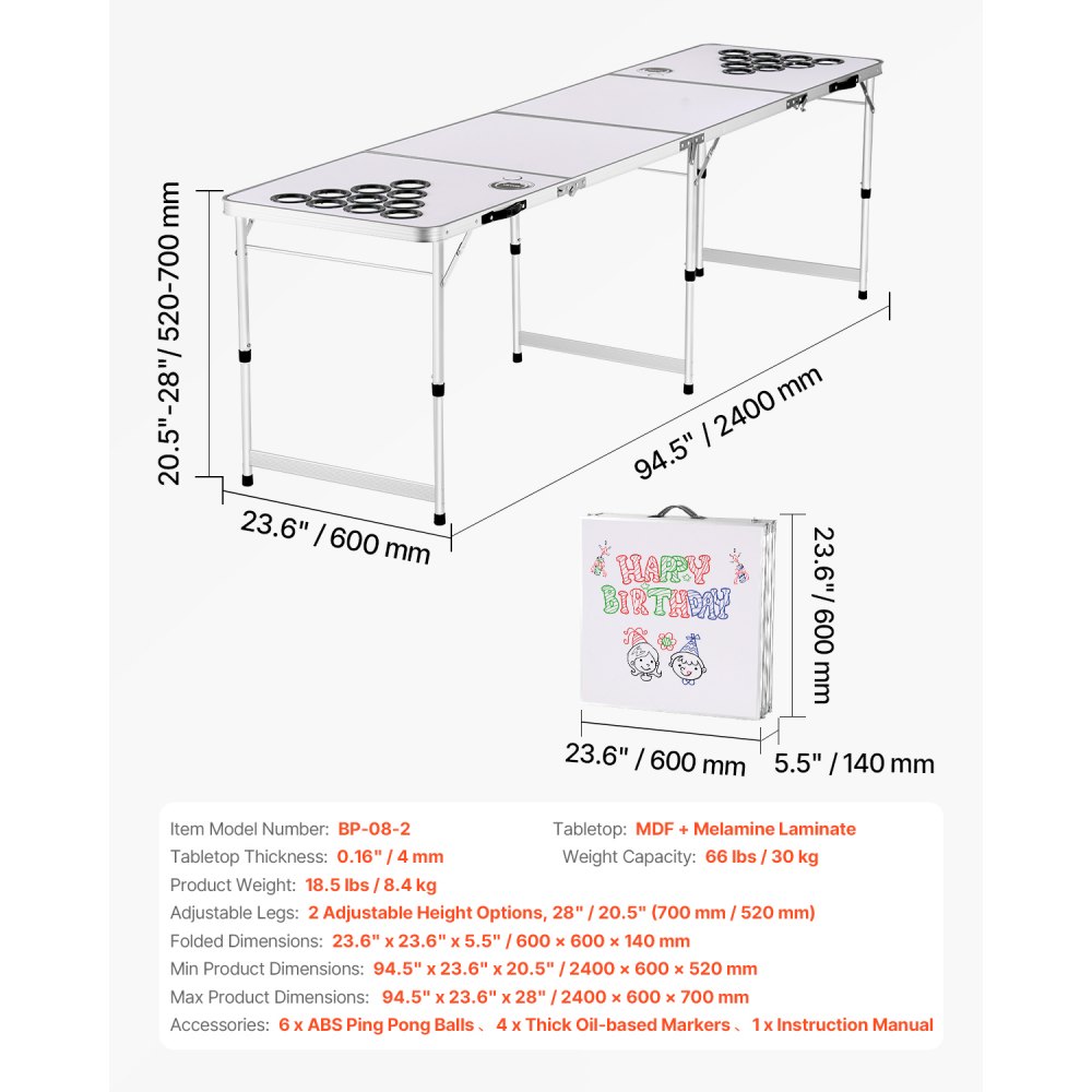 VEVOR 8 Foot Portable Beer Pong Table, Folding Tailgate Table, Cup Holes, Dry Erase Markers and Carrying Handles, Adjustable Height, Lightweight Table for Office, Tailgate Party & Camping, White