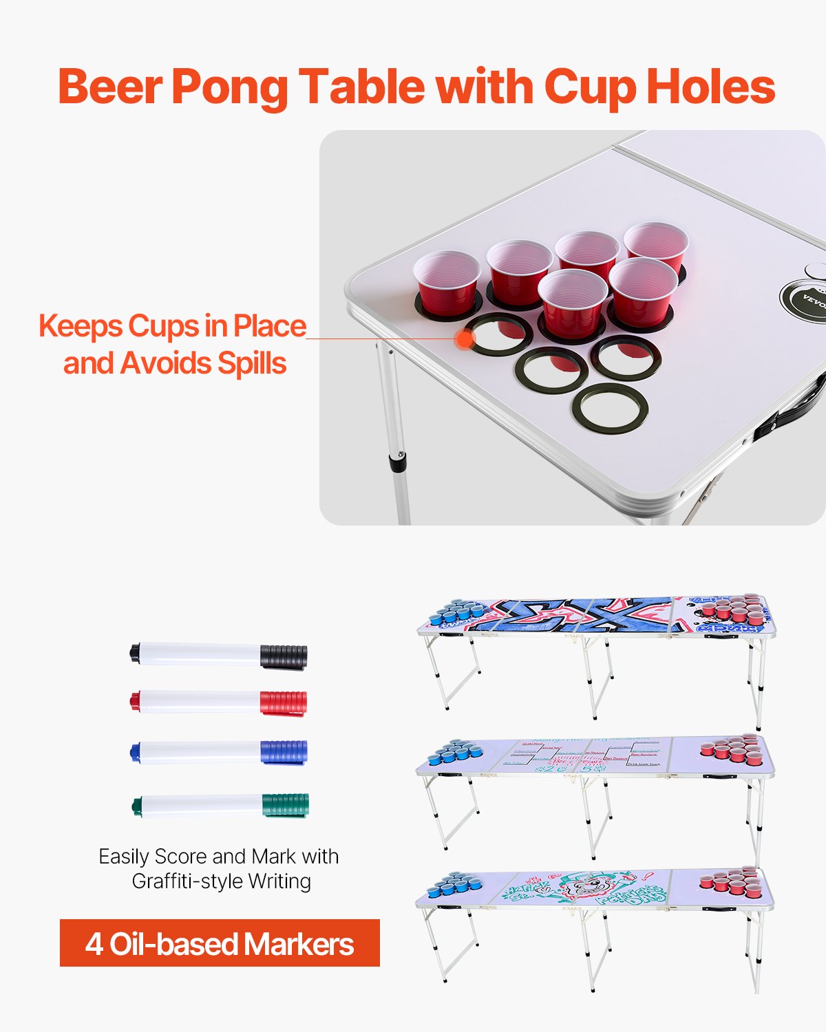 VEVOR 8 Foot Portable Beer Pong Table, Folding Tailgate Table, Cup Holes, Dry Erase Markers and Carrying Handles, Adjustable Height, Lightweight Table for Office, Tailgate Party & Camping, White