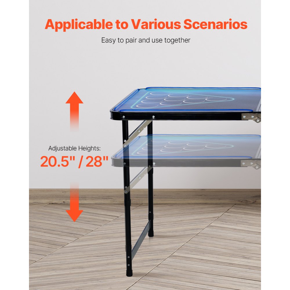VEVOR 8 Foot Portable Beer Pong Table, LED Lights, Foldable Tailgate Table with Carrying Handles and 6 Pong Balls, Adjustable Height, Lightweight Table for Office, Tailgate Party, Travel & Camping