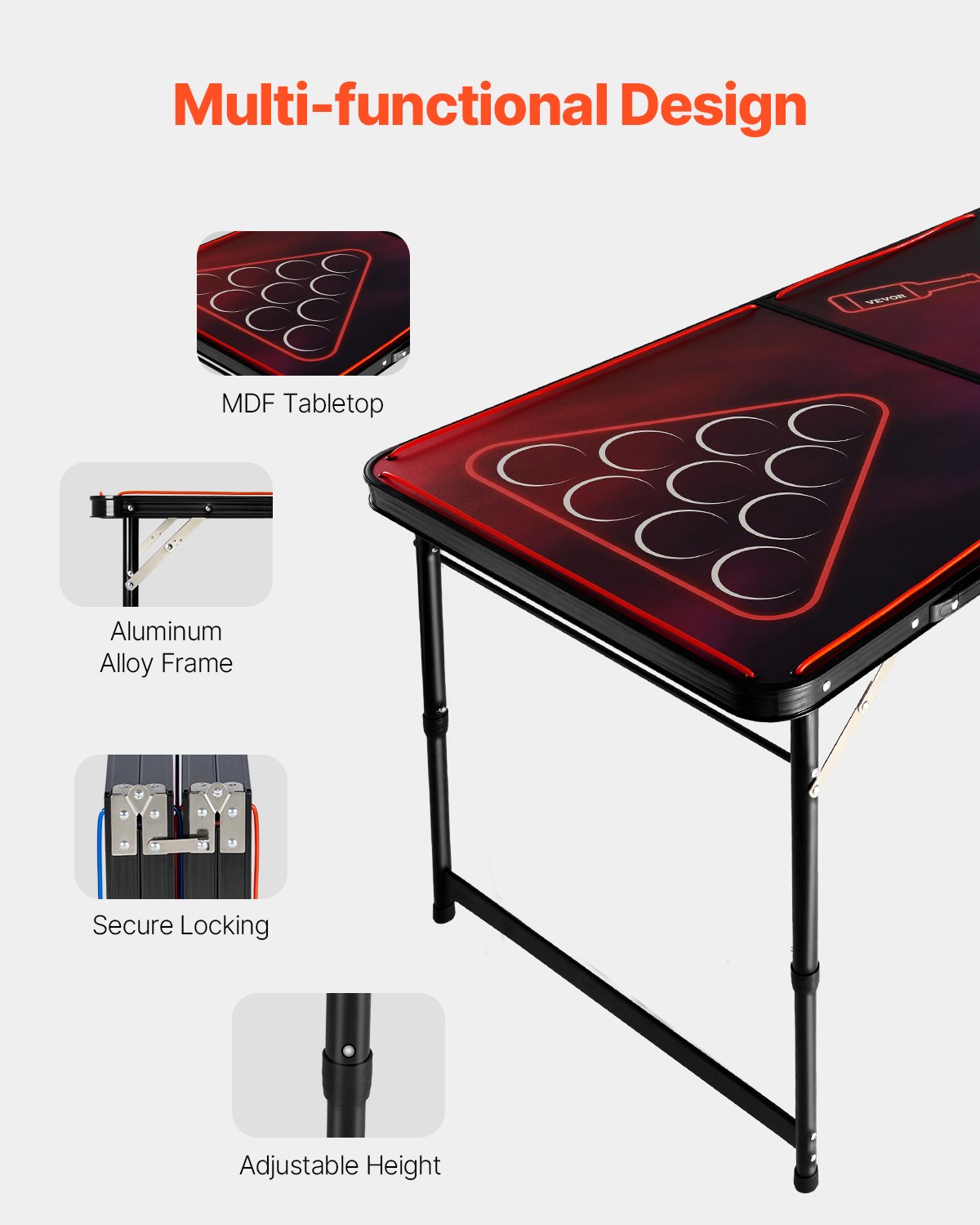 VEVOR 8 Foot Portable Beer Pong Table, LED Lights, Foldable Tailgate Table with Carrying Handles and 6 Pong Balls, Adjustable Height, Lightweight Table for Office, Tailgate Party, Travel & Camping