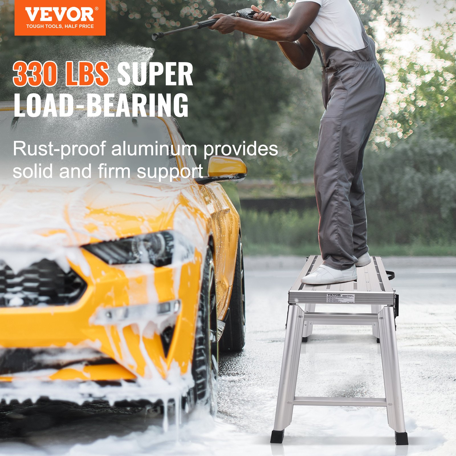 VEVOR 330 lbs Work Platform, 23-34.5 inch Height Adjustable Folding Aluminum Drywall Ladder, Non-Slip Work Bench w/ Portable Handle, Heavy Duty for Washing Vehicles, Cleaning, Painting, Decorating