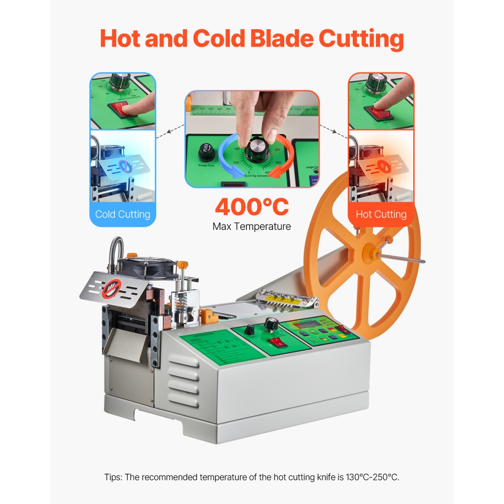 VEVOR Automatic Webbing Cutting Machine, Hot and Cold Ribbon Cutting Machine with Adjustable Temperature and LCD Display, Zipper Tapes Cutter for Nylon Webbing, Elastic Bands, Shoelaces