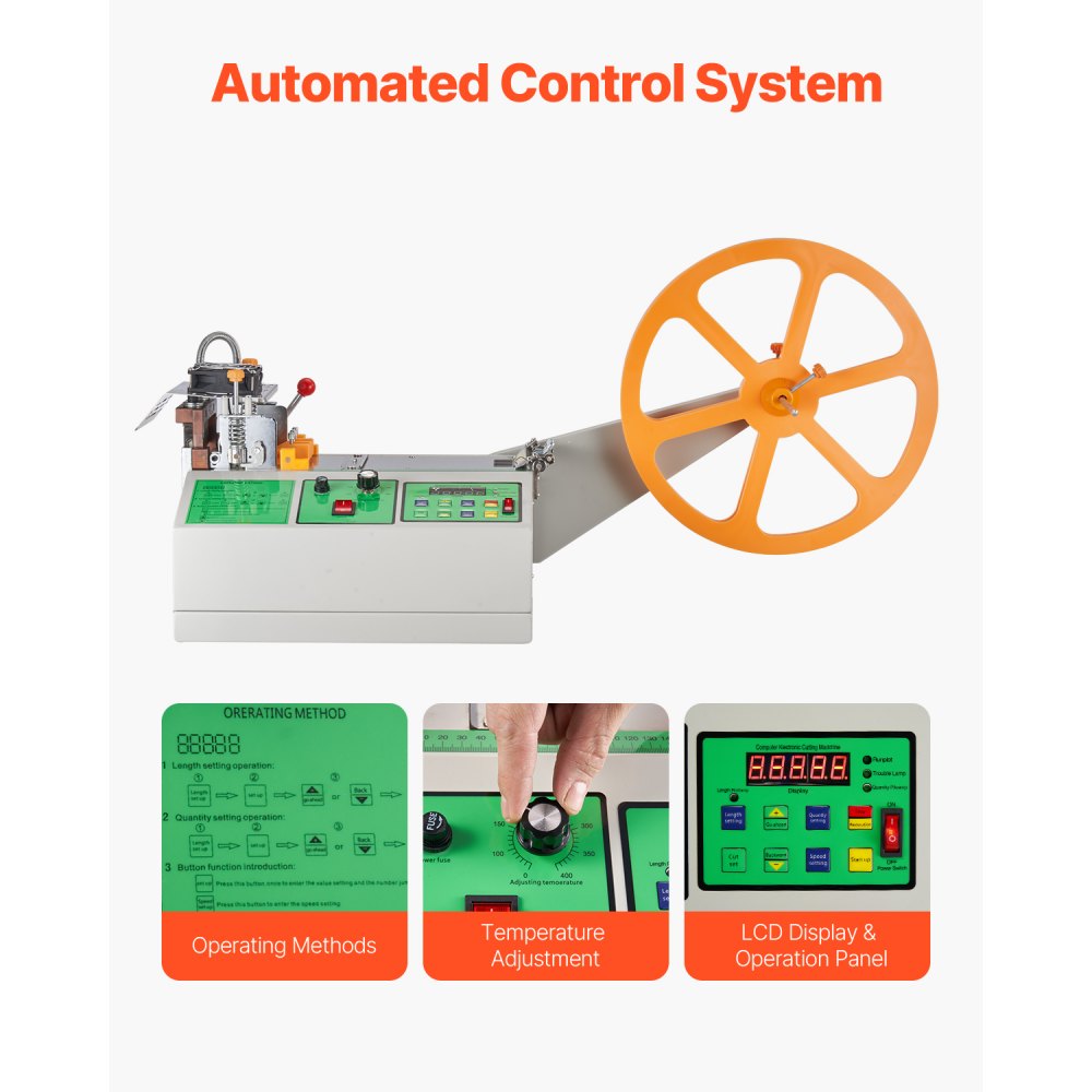 VEVOR Automatic Webbing Cutting Machine, Hot and Cold Ribbon Cutting Machine with Adjustable Temperature and LCD Display, Zipper Tapes Cutter for Nylon Webbing, Elastic Bands, Shoelaces