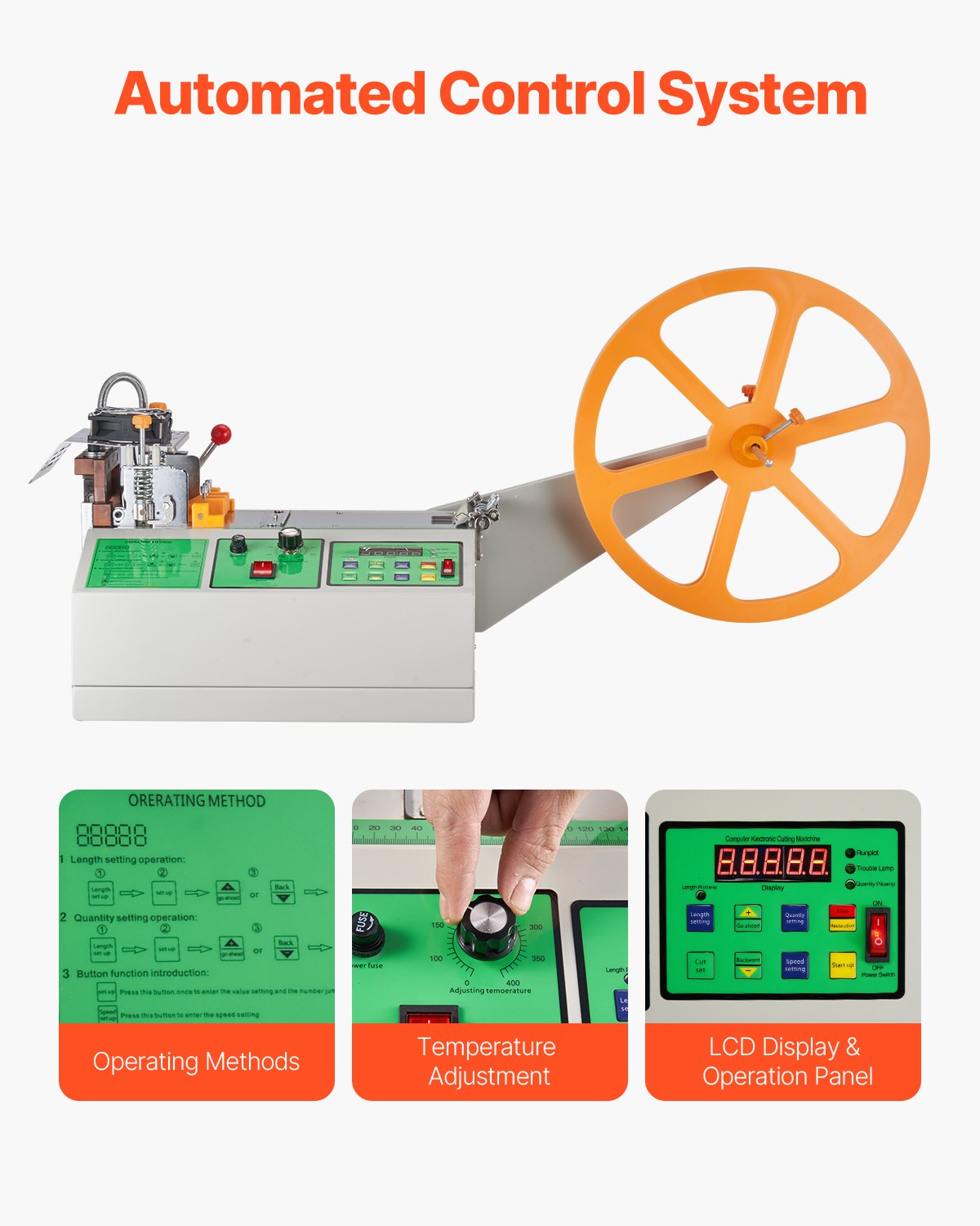 VEVOR Automatic Webbing Cutting Machine, Hot and Cold Ribbon Cutting Machine with Adjustable Temperature and LCD Display, Zipper Tapes Cutter for Nylon Webbing, Elastic Bands, Shoelaces