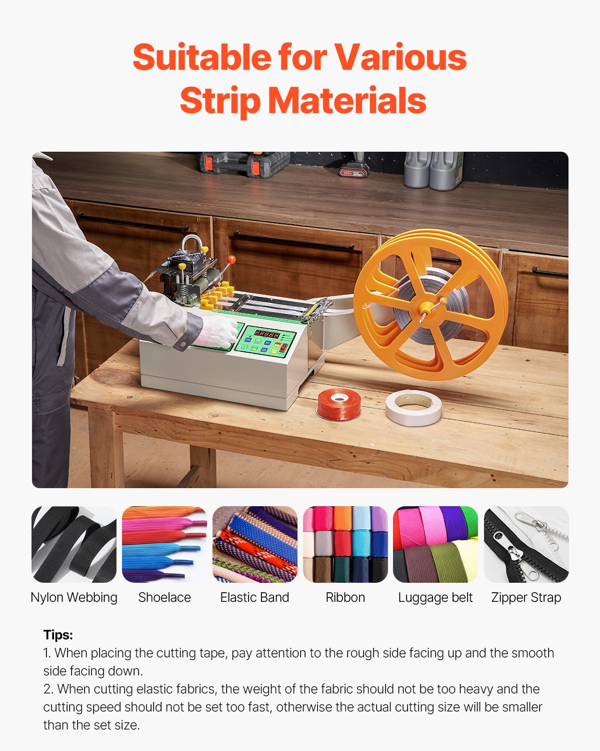 VEVOR Automatic Webbing Cutting Machine, Hot and Cold Ribbon Cutting Machine with Adjustable Temperature and LCD Display, Zipper Tapes Cutter for Nylon Webbing, Elastic Bands, Shoelaces
