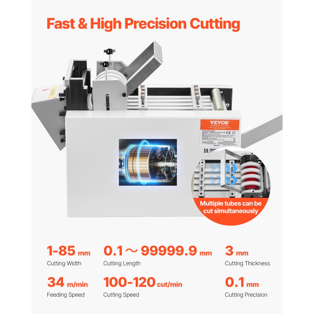 VEVOR Auto Heat-Shrink Tube Cutter, Cable Pipe Cutting Machine with 1mm-85mm Cutting Width, 0.1mm-99999.9mm Length, Automatic Tube Cutter for Heat Shrink Tube, Fiberglass Tube, Cable, Yellow Wax Tubes