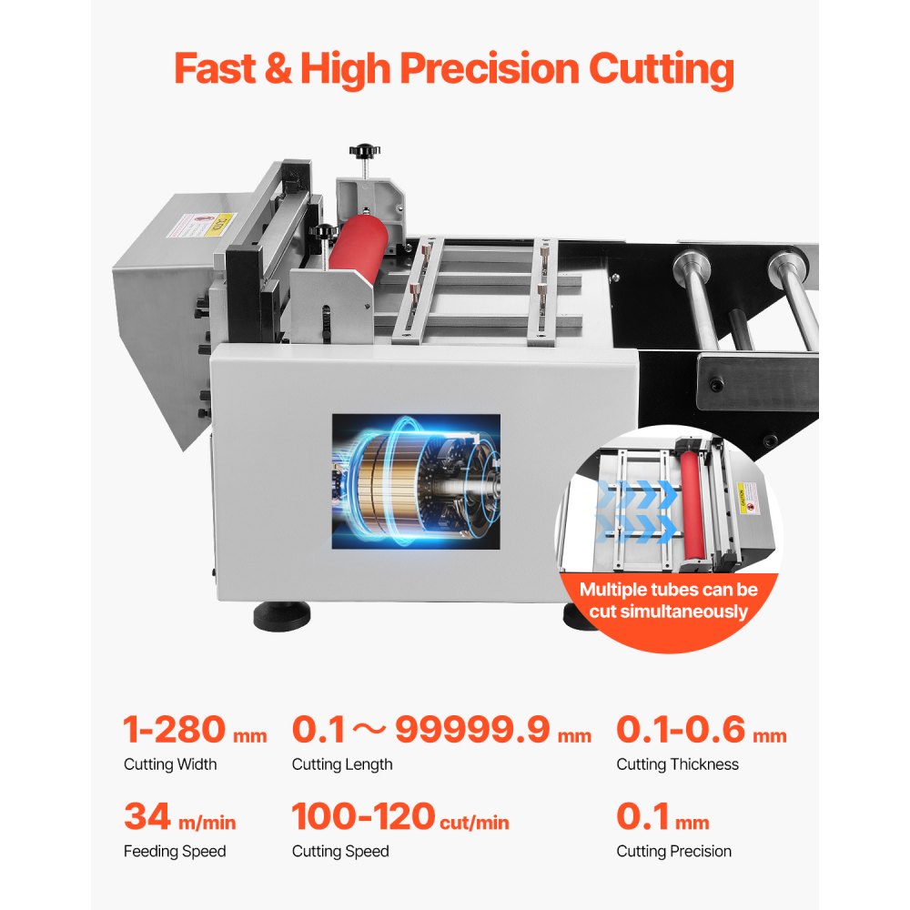 VEVOR Auto Heat-Shrink Tube Cutter, Automatic Pipe Cutting Machine with 1mm to 280mm Cutting Width, 0.1-0.6mm Cutting Thickness, Ideal for Non-Woven Fabric, PVC Film, Insulating Paper, Aluminum Foil