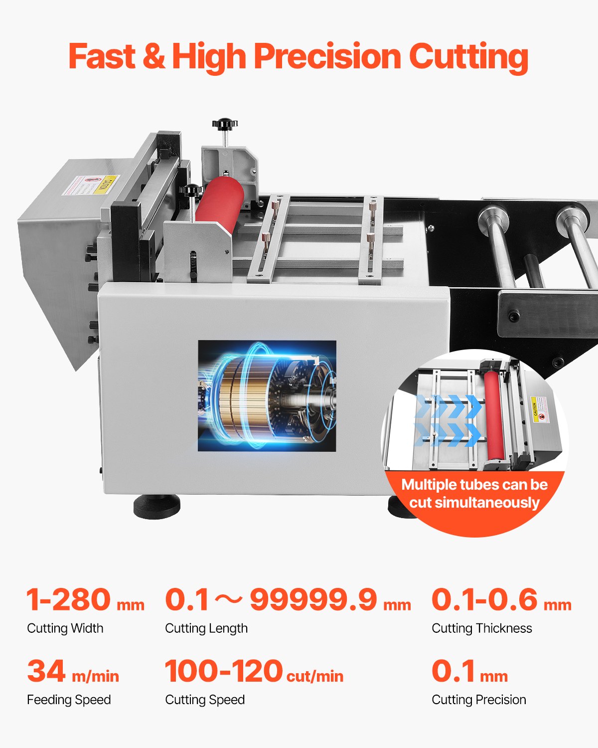 VEVOR Auto Heat-Shrink Tube Cutter, Automatic Pipe Cutting Machine with 1mm to 280mm Cutting Width, 0.1-0.6mm Cutting Thickness, Ideal for Non-Woven Fabric, PVC Film, Insulating Paper, Aluminum Foil