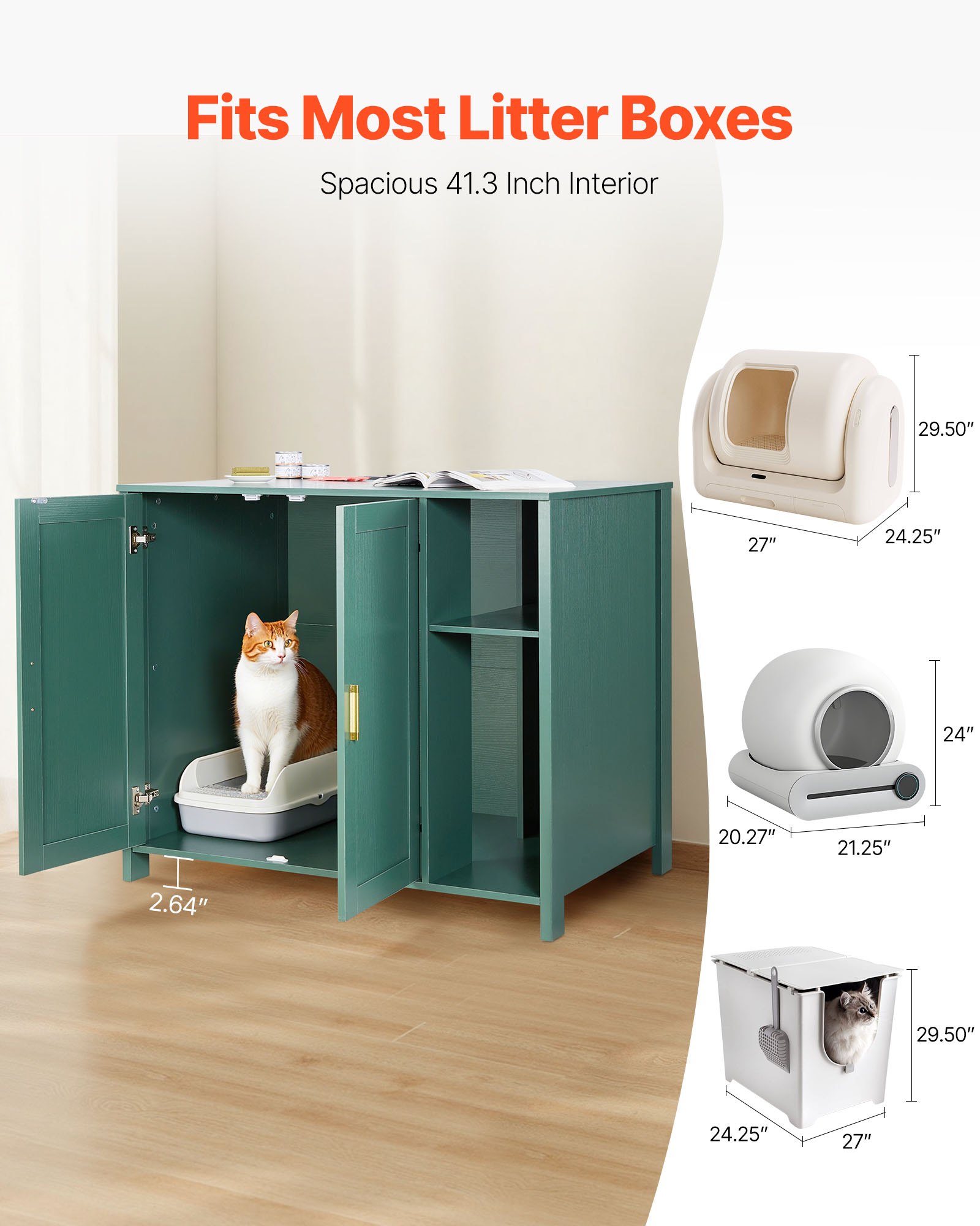 VEVOR Cat Enclosure, 41.3 in Self Cleaning Litter Box Cabinet, with Drawer & Detachable Divider, Automatic Litterbox Enclosure with Built-in Power Outlet, Fits Most Smart Litterboxes