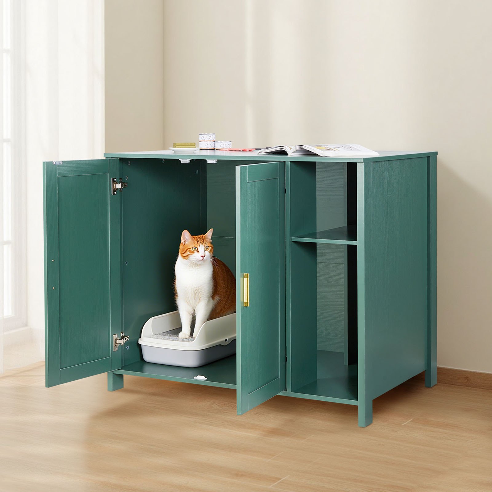 VEVOR Cat Enclosure, 41.3 in Self Cleaning Litter Box Cabinet, with Drawer & Detachable Divider, Automatic Litterbox Enclosure with Built-in Power Outlet, Fits Most Smart Litterboxes