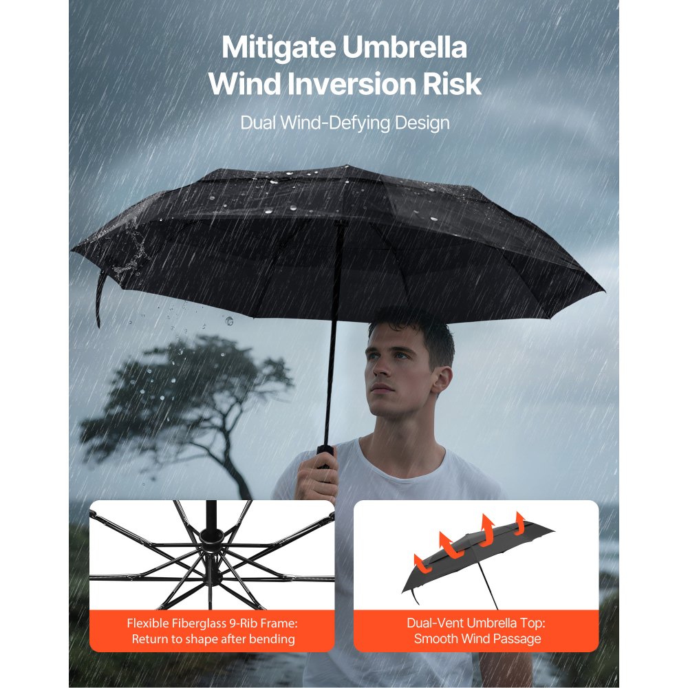 VEVOR Travel Umbrella, 42 in Portable Compact Umbrellas, Automatic Open-Close Umbrella,  Lightweight & Durable with Flexible Fiberglass Ribs, Windproof, Rainproof, and Sun-Blocking Canopy (Black)