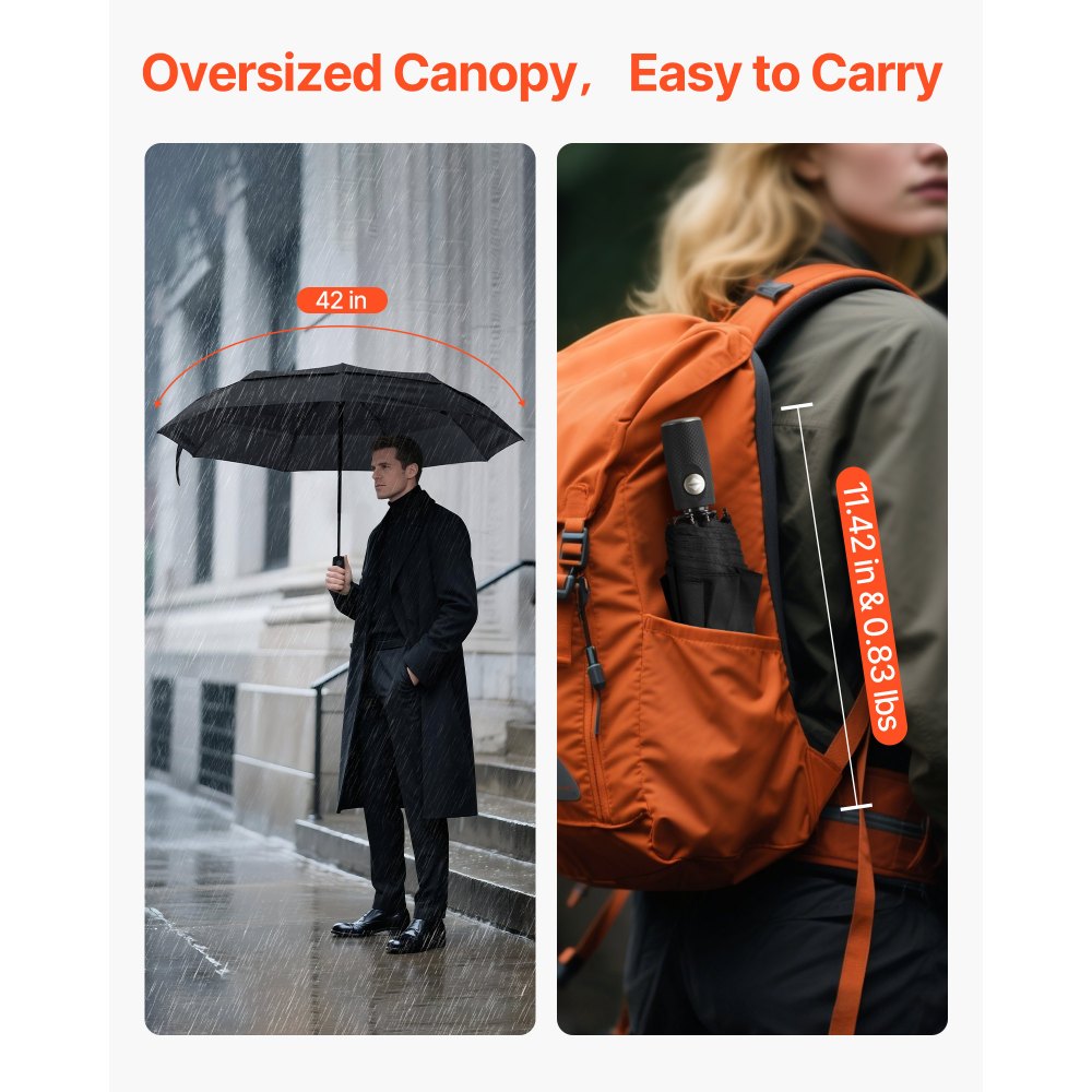 VEVOR Travel Umbrella, 42 in Portable Compact Umbrellas, Automatic Open-Close Umbrella,  Lightweight & Durable with Flexible Fiberglass Ribs, Windproof, Rainproof, and Sun-Blocking Canopy (Black)