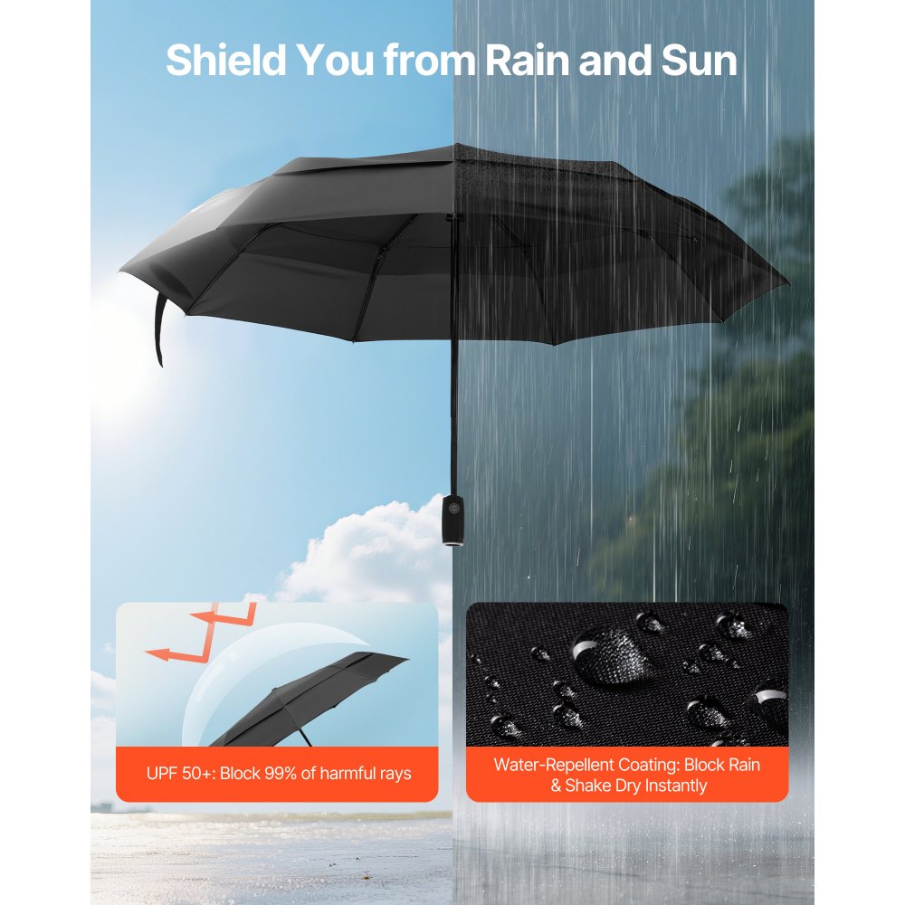 VEVOR Travel Umbrella, 42 in Portable Compact Umbrellas, Automatic Open-Close Umbrella,  Lightweight & Durable with Flexible Fiberglass Ribs, Windproof, Rainproof, and Sun-Blocking Canopy (Black)