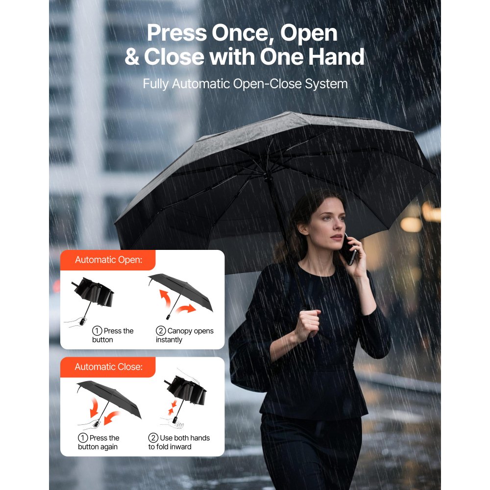 VEVOR Travel Umbrella, 42 in Portable Compact Umbrellas, Automatic Open-Close Umbrella,  Lightweight & Durable with Flexible Fiberglass Ribs, Windproof, Rainproof, and Sun-Blocking Canopy (Black)