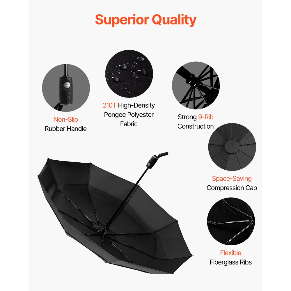 VEVOR Travel Umbrella, 42 in Portable Compact Umbrellas, Automatic Open-Close Umbrella,  Lightweight & Durable with Flexible Fiberglass Ribs, Windproof, Rainproof, and Sun-Blocking Canopy (Black)