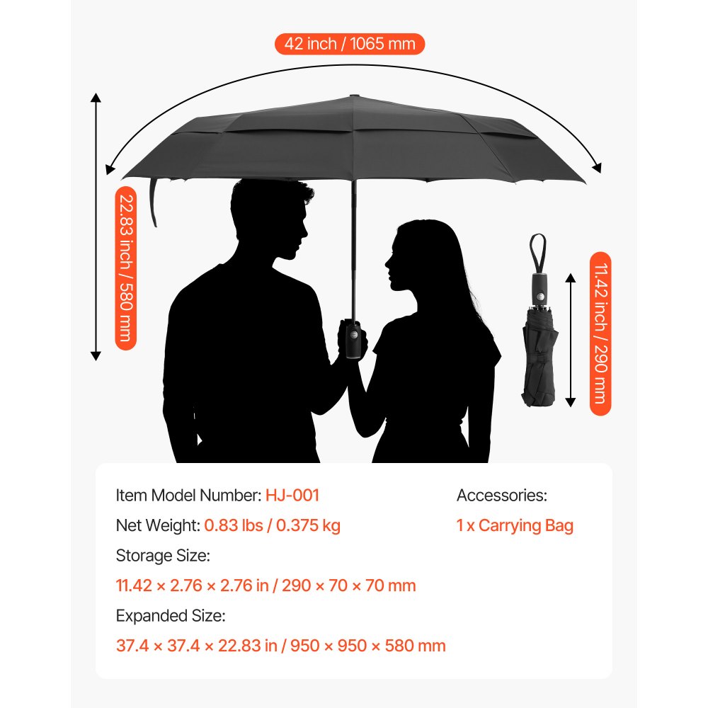 VEVOR Travel Umbrella, 42 in Portable Compact Umbrellas, Automatic Open-Close Umbrella,  Lightweight & Durable with Flexible Fiberglass Ribs, Windproof, Rainproof, and Sun-Blocking Canopy (Black)
