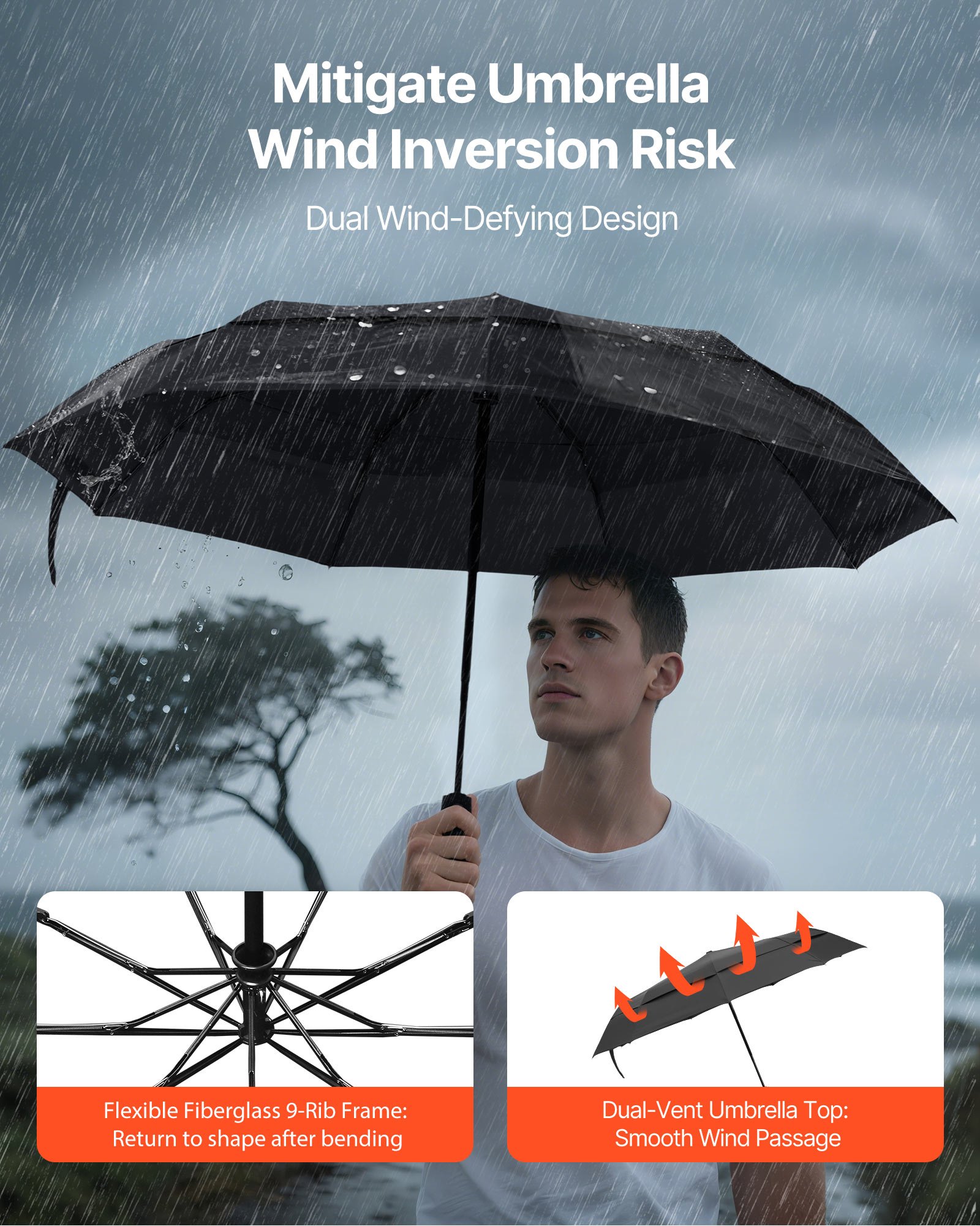 VEVOR Travel Umbrella, 42 in Portable Compact Umbrellas, Automatic Open-Close Umbrella,  Lightweight & Durable with Flexible Fiberglass Ribs, Windproof, Rainproof, and Sun-Blocking Canopy (Black)