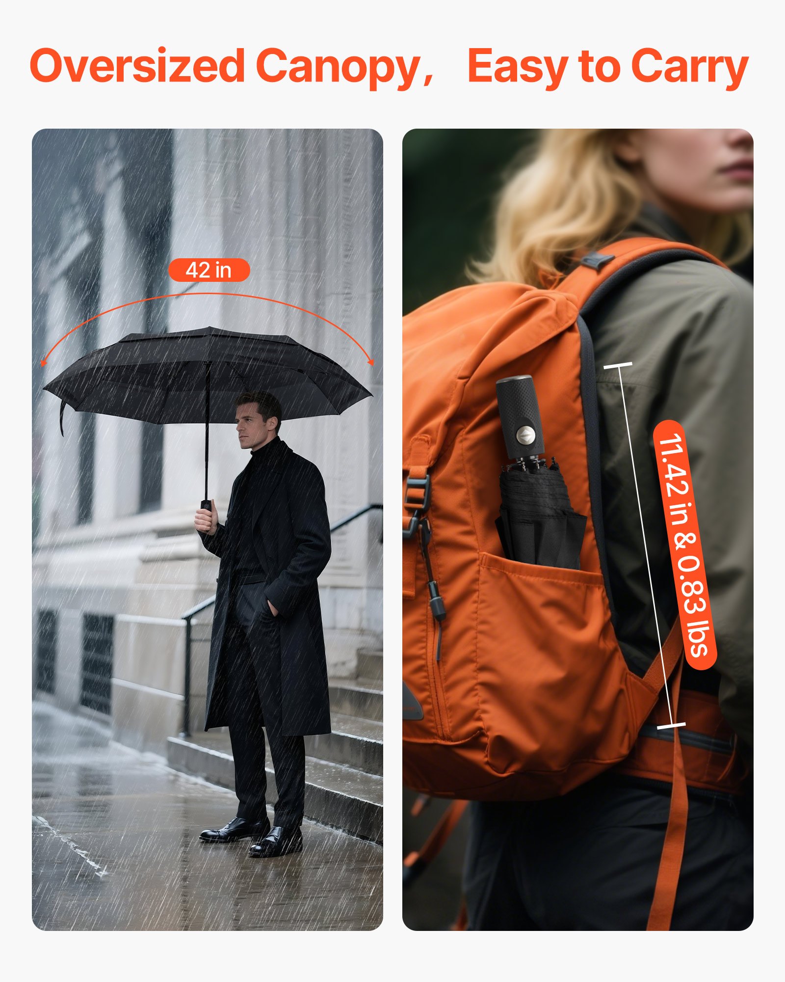 VEVOR Travel Umbrella, 42 in Portable Compact Umbrellas, Automatic Open-Close Umbrella,  Lightweight & Durable with Flexible Fiberglass Ribs, Windproof, Rainproof, and Sun-Blocking Canopy (Black)
