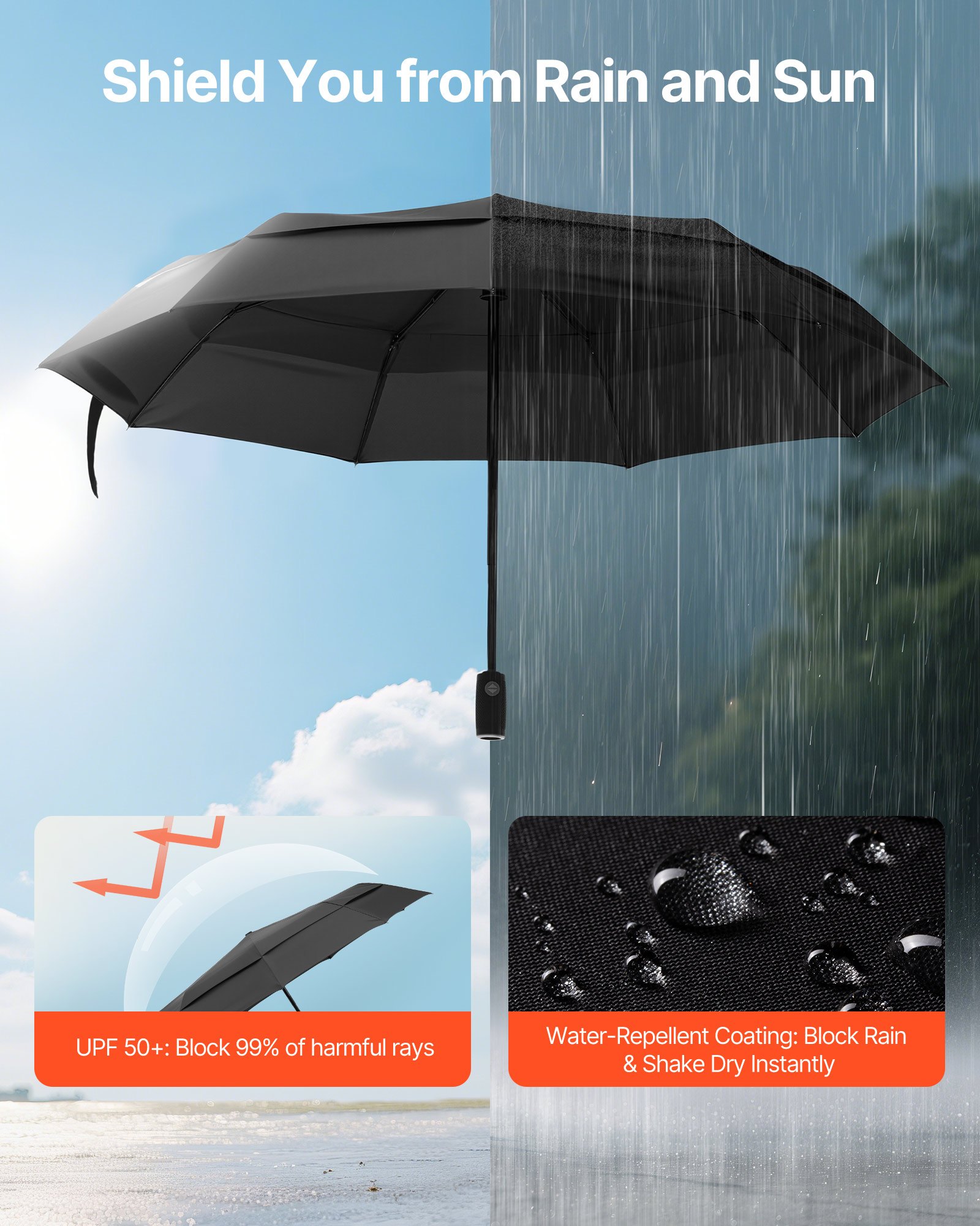 VEVOR Travel Umbrella, 42 in Portable Compact Umbrellas, Automatic Open-Close Umbrella,  Lightweight & Durable with Flexible Fiberglass Ribs, Windproof, Rainproof, and Sun-Blocking Canopy (Black)