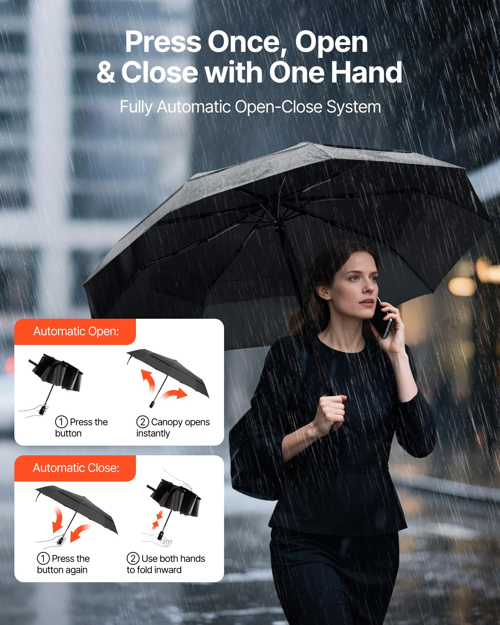 VEVOR Travel Umbrella, 42 in Portable Compact Umbrellas, Automatic Open-Close Umbrella,  Lightweight & Durable with Flexible Fiberglass Ribs, Windproof, Rainproof, and Sun-Blocking Canopy (Black)