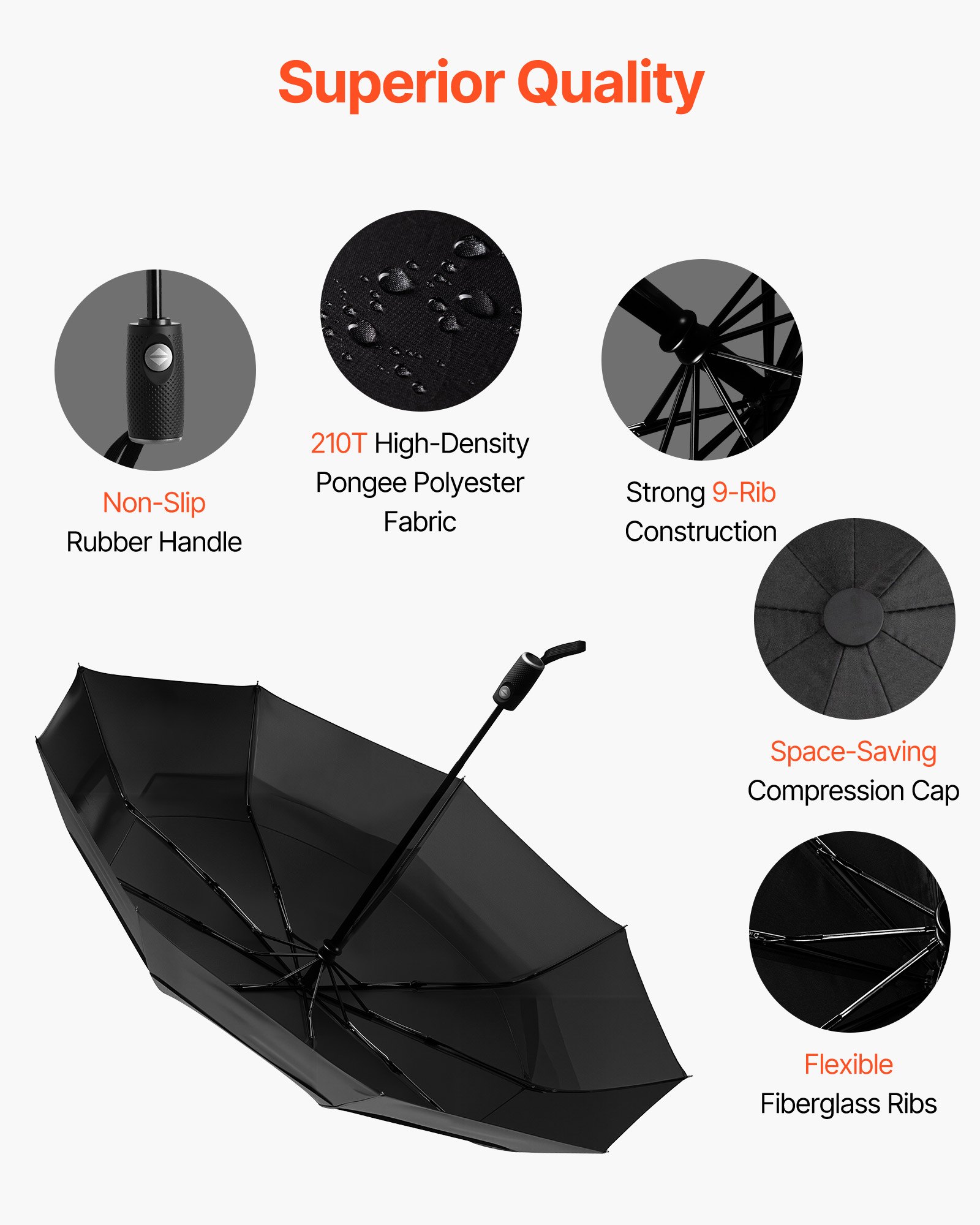 VEVOR Travel Umbrella, 42 in Portable Compact Umbrellas, Automatic Open-Close Umbrella,  Lightweight & Durable with Flexible Fiberglass Ribs, Windproof, Rainproof, and Sun-Blocking Canopy (Black)