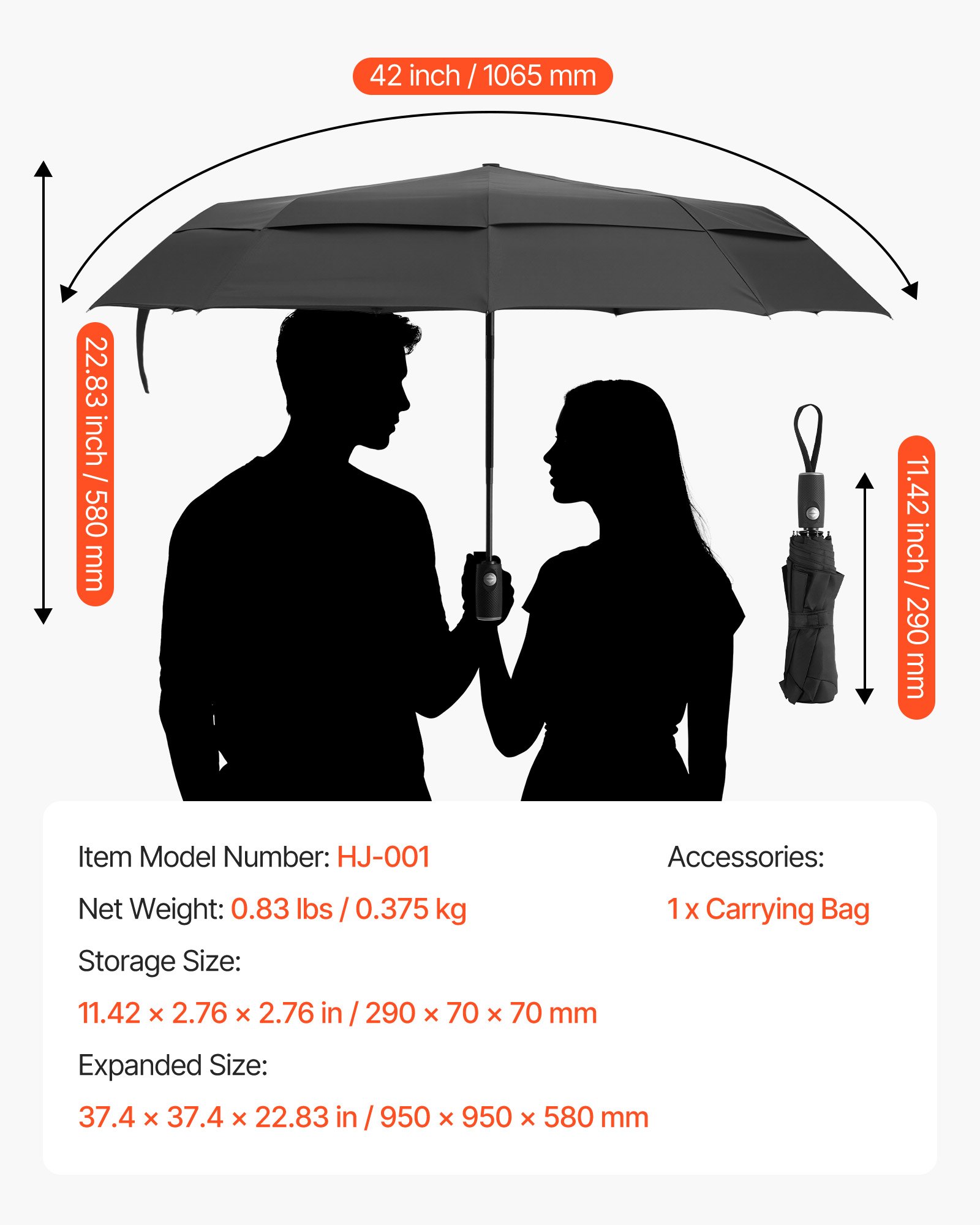 VEVOR Travel Umbrella, 42 in Portable Compact Umbrellas, Automatic Open-Close Umbrella,  Lightweight & Durable with Flexible Fiberglass Ribs, Windproof, Rainproof, and Sun-Blocking Canopy (Black)