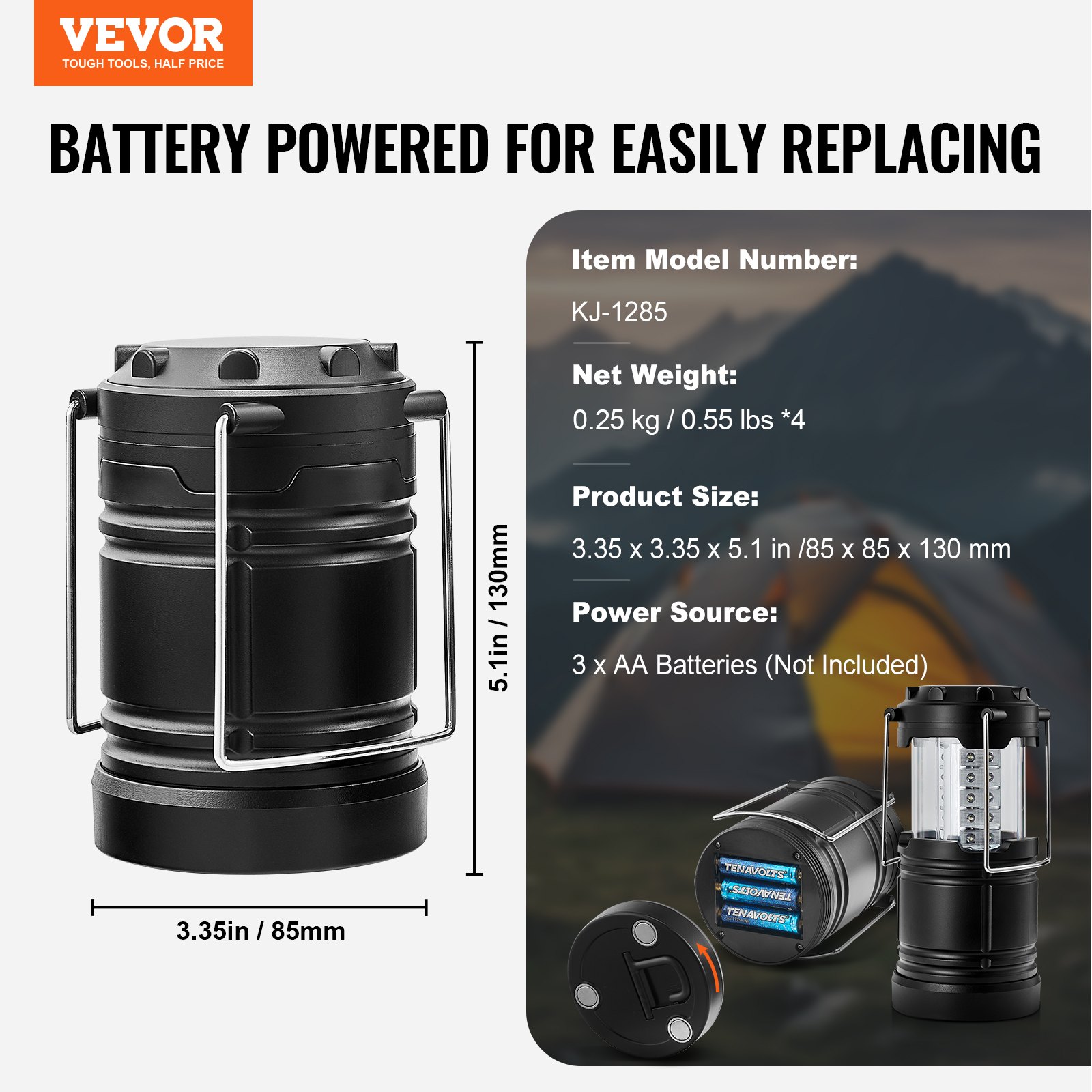 VEVOR LED campinglyktor Hopfällbara batteridrivna campingljus set om 4