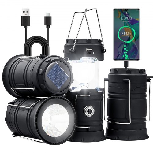 VEVOR LED Camping Lanterns, 4 Pack Rechargeable Camping Flashlights, Solar & USB Charging, Portable Collapsible, Bulit to Last Lights, As Power Bank, for Hiking, Hurricane Emergency, Outrages, Fishing