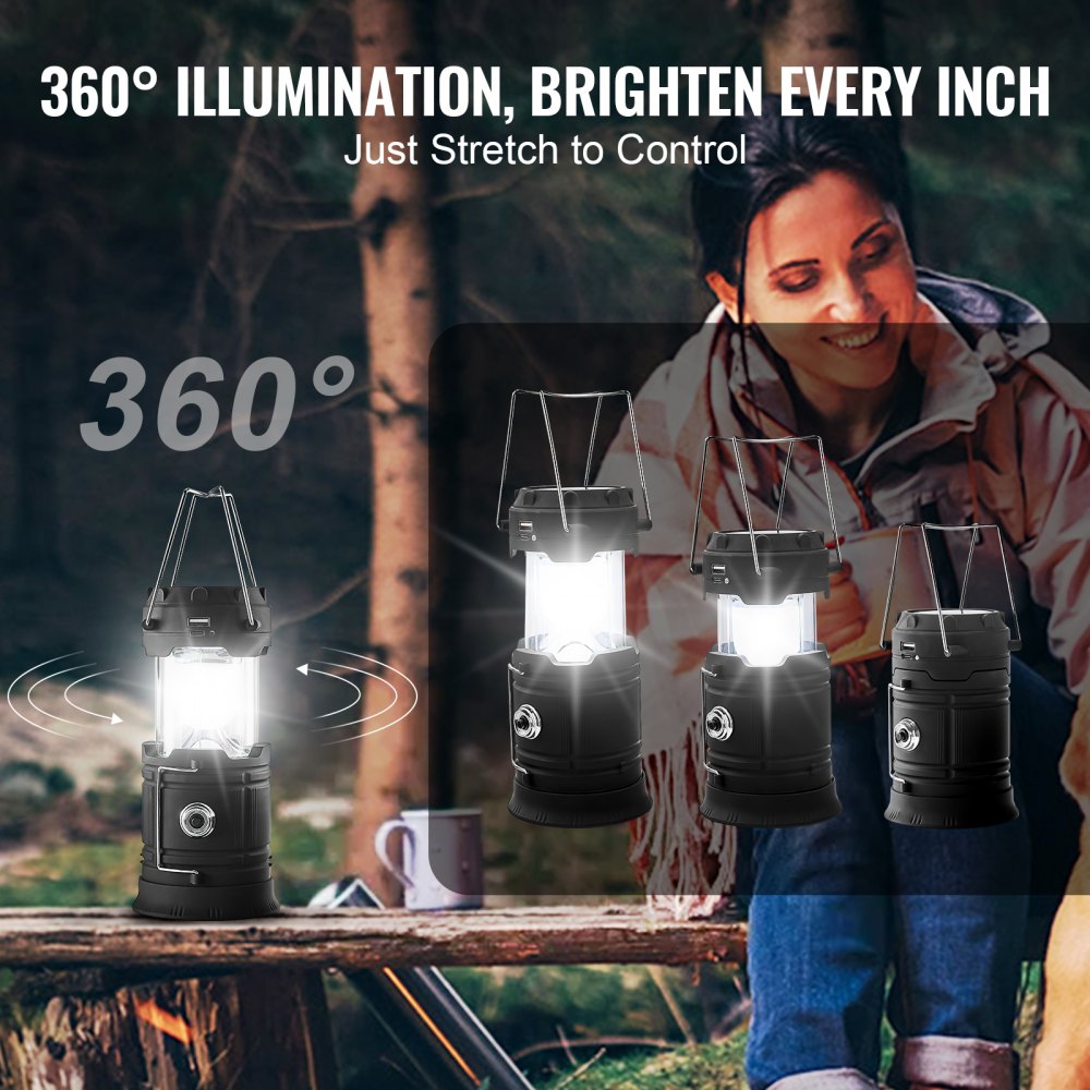 VEVOR LED Camping Lanterns, 4 Pack Rechargeable Camping Flashlights, Solar & USB Charging, Portable Collapsible, Bulit to Last Lights, As Power Bank, for Hiking, Hurricane Emergency, Outrages, Fishing
