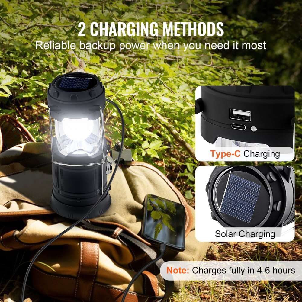 VEVOR LED Camping Lanterns, 4 Pack Rechargeable Camping Flashlights, Solar & USB Charging, Portable Collapsible, Bulit to Last Lights, As Power Bank, for Hiking, Hurricane Emergency, Outrages, Fishing