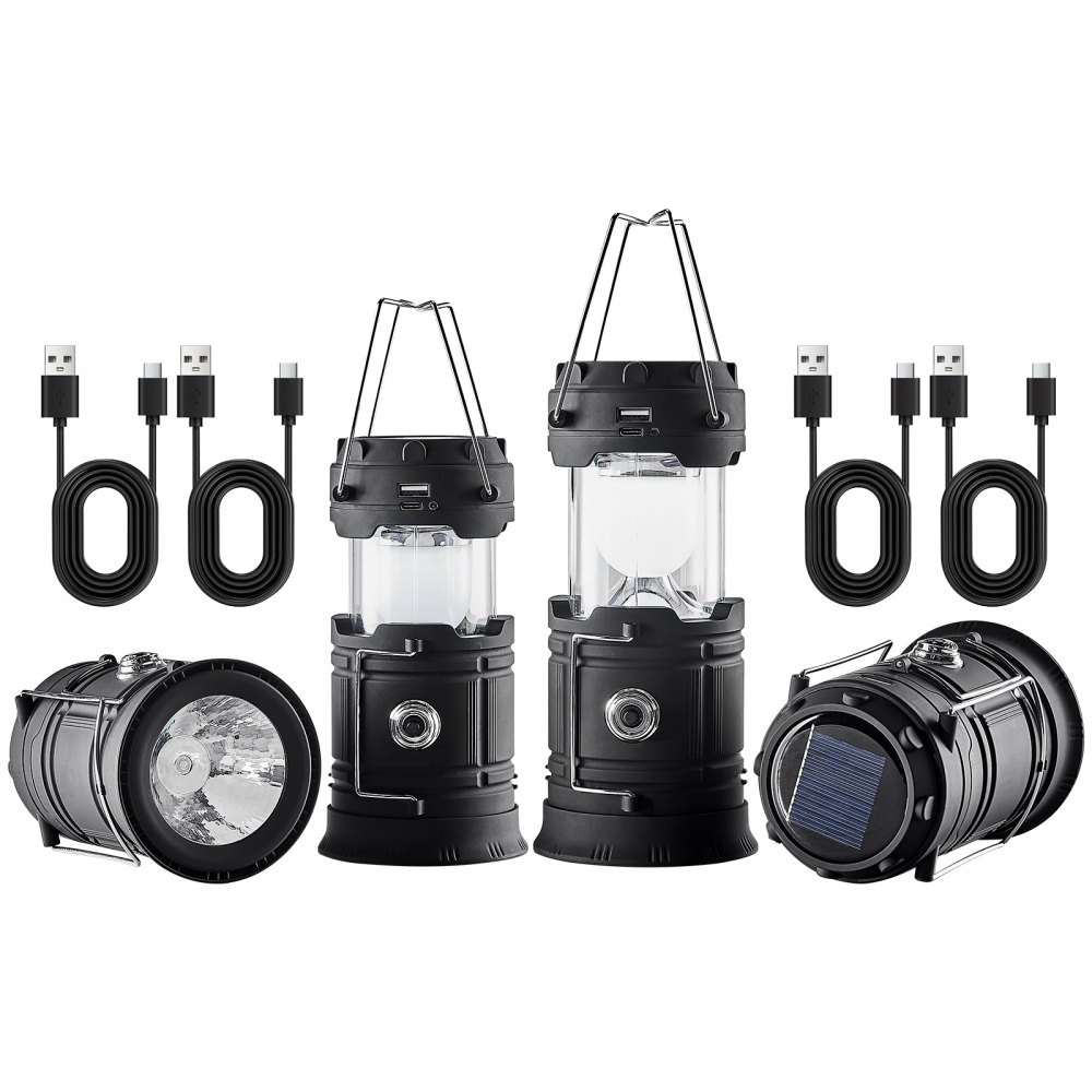 VEVOR LED Camping Lanterns, 4 Pack Rechargeable Camping Flashlights, Solar & USB Charging, Portable Collapsible, Bulit to Last Lights, As Power Bank, for Hiking, Hurricane Emergency, Outrages, Fishing