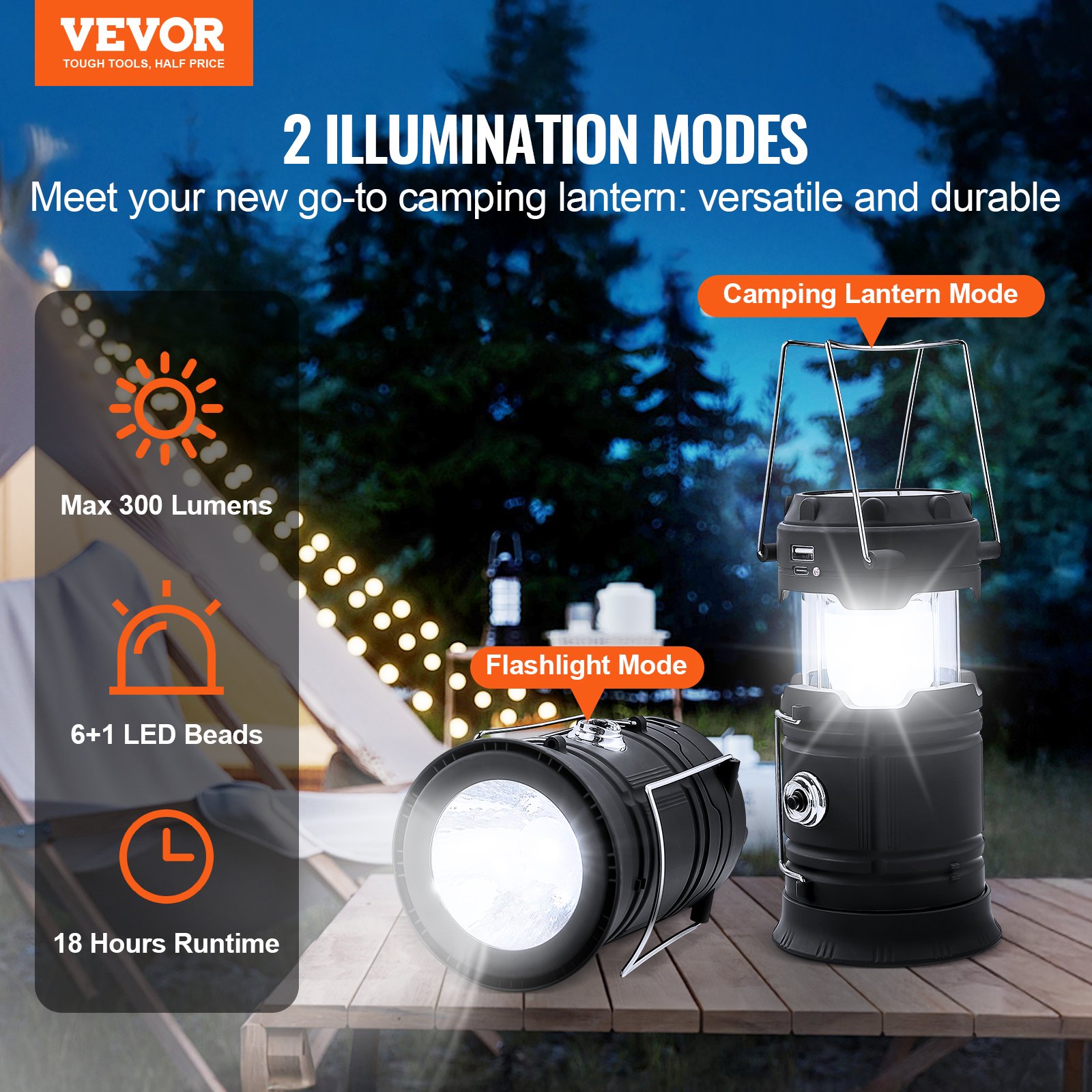 VEVOR LED Camping Lanterns, 4 Pack Rechargeable Camping Flashlights, Solar & USB Charging, Portable Collapsible, Bulit to Last Lights, As Power Bank, for Hiking, Hurricane Emergency, Outrages, Fishing